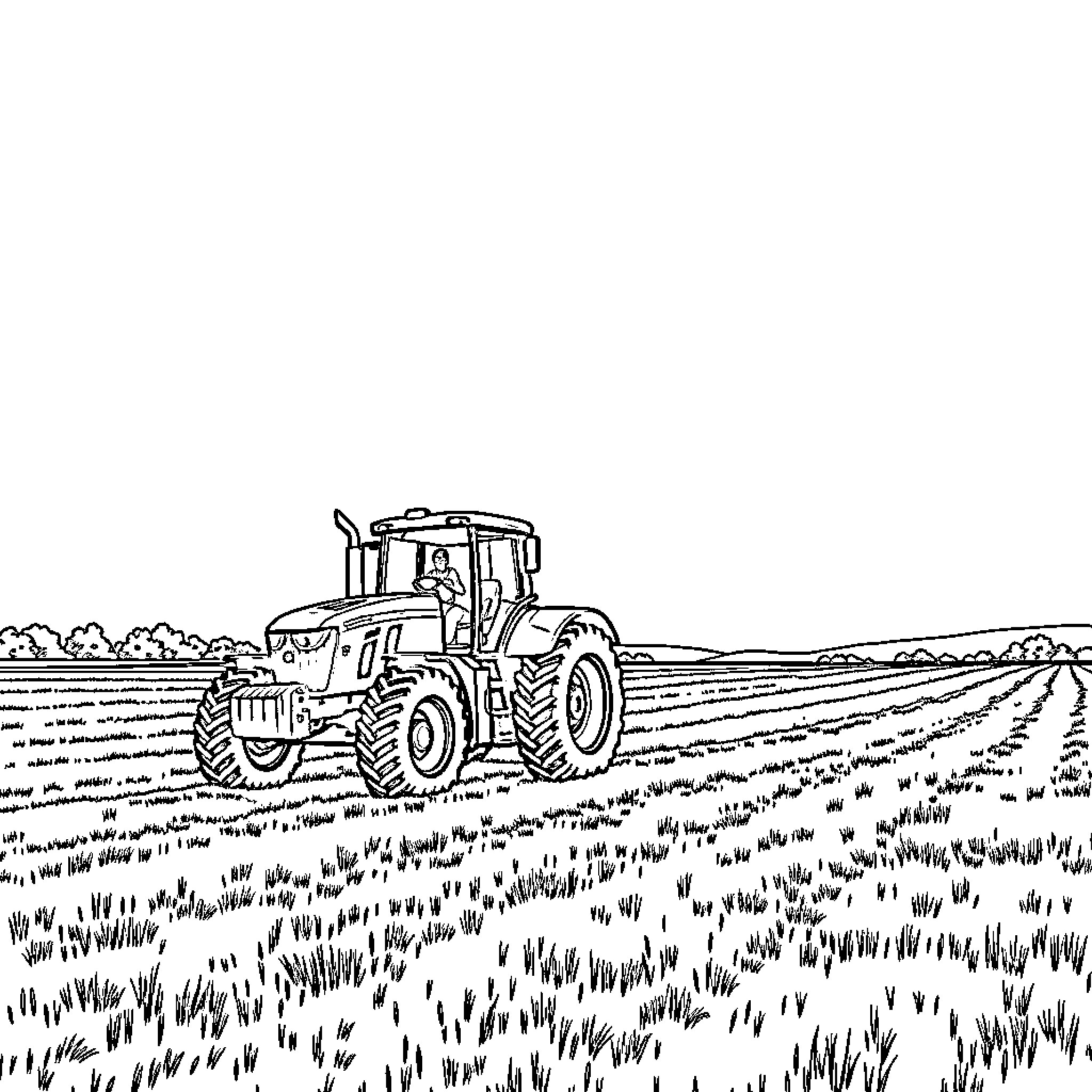Tractor plowing through lush farmland Coloring Page (free black-and-white line drawing printable PDF for all, from beginners to advanced learners, including children, teens, adults, and seniors)