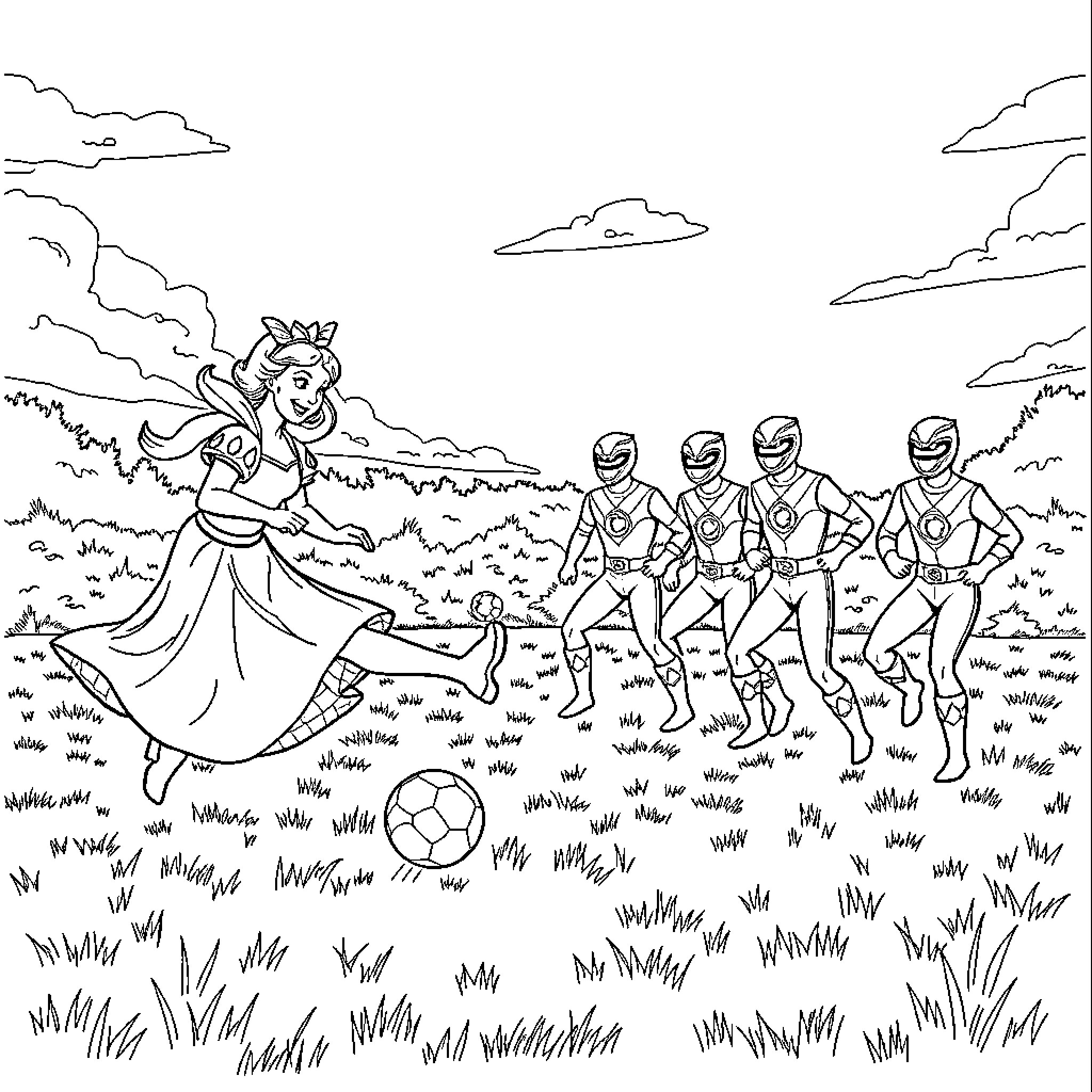 Snow White Plays Soccer with Power Rangers Coloring Page (free black-and-white line drawing printable PDF for all, from beginners to advanced learners, including children, teens, adults, and seniors)