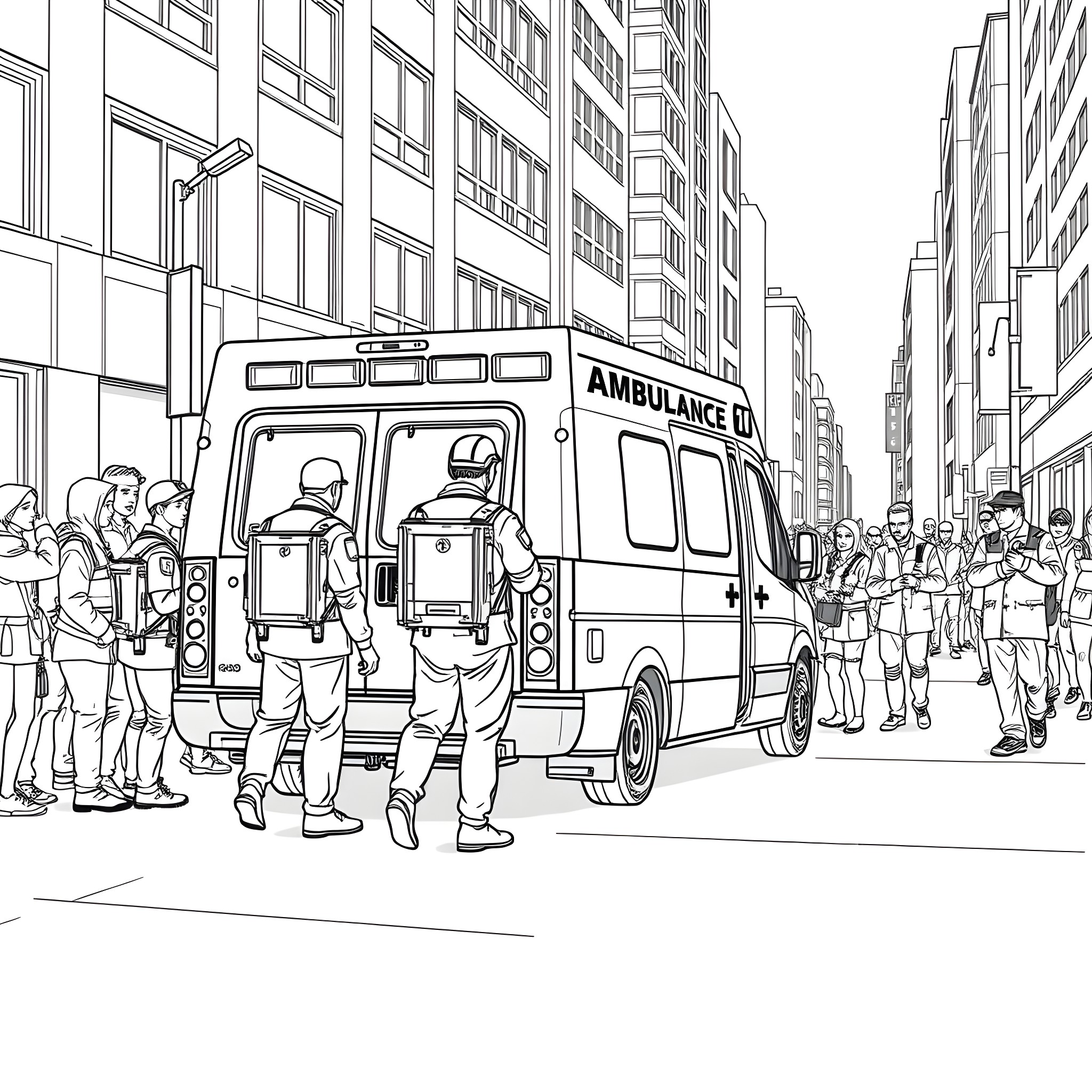 Paramedics responding to emergency in the city Coloring Page (free black-and-white line drawing printable PDF for all, from beginners to advanced learners, including children, teens, adults, and seniors)