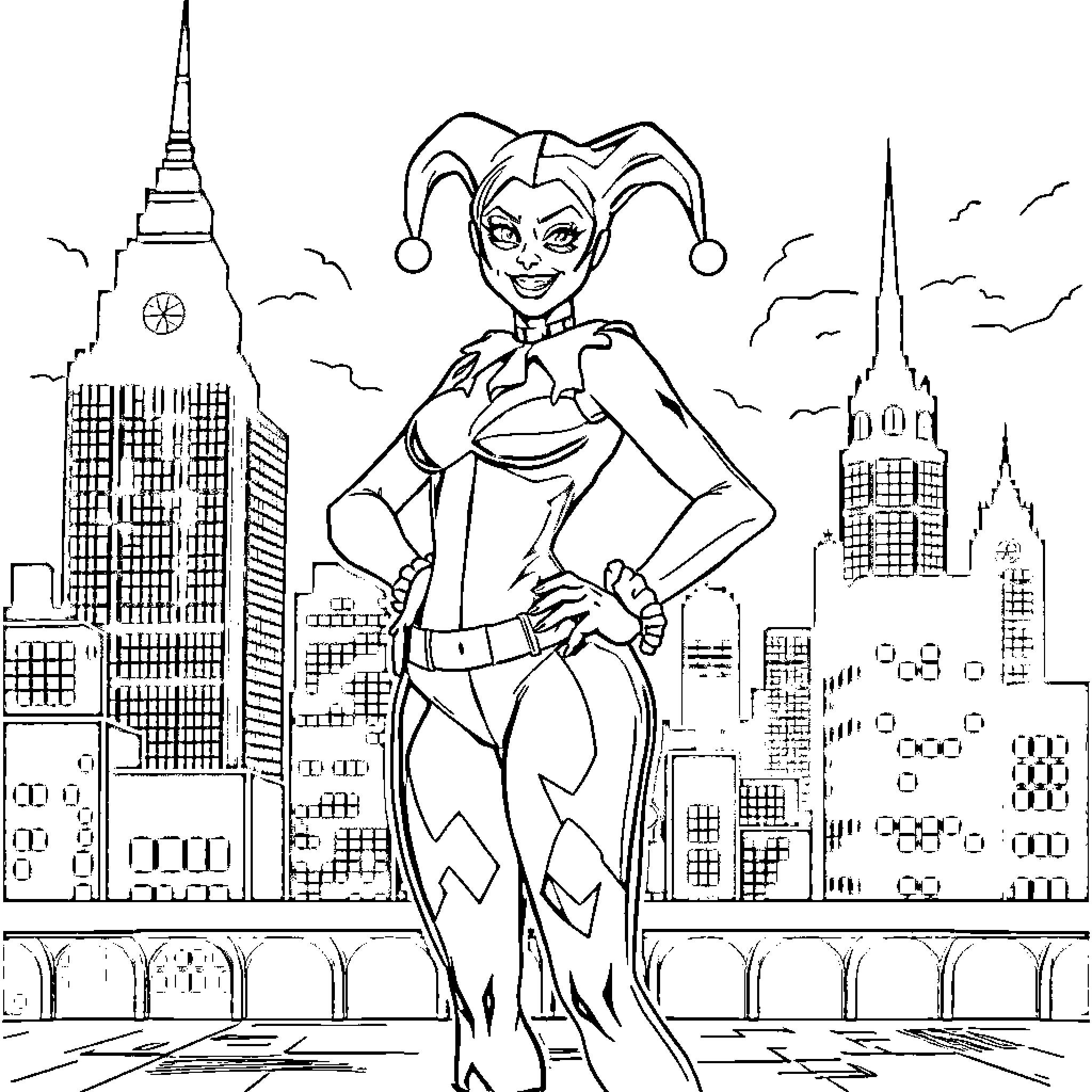 Harley Quinn in a dynamic cityscape pose Coloring Page (free black-and-white line drawing printable PDF for all, from beginners to advanced learners, including children, teens, adults, and seniors)