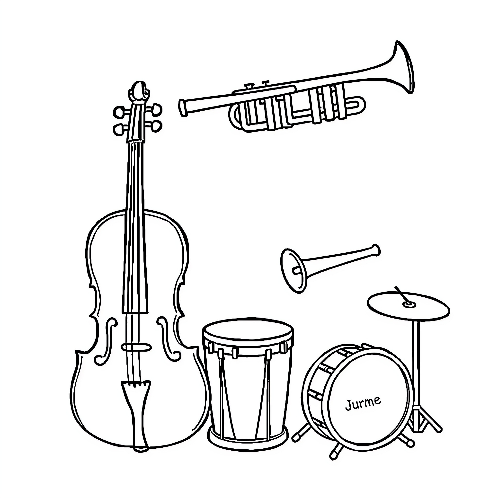 Instrument collection featuring musical ensemble Coloring Page (free black-and-white line drawing printable PDF for all, from beginners to advanced learners, including children, teens, adults, and seniors)