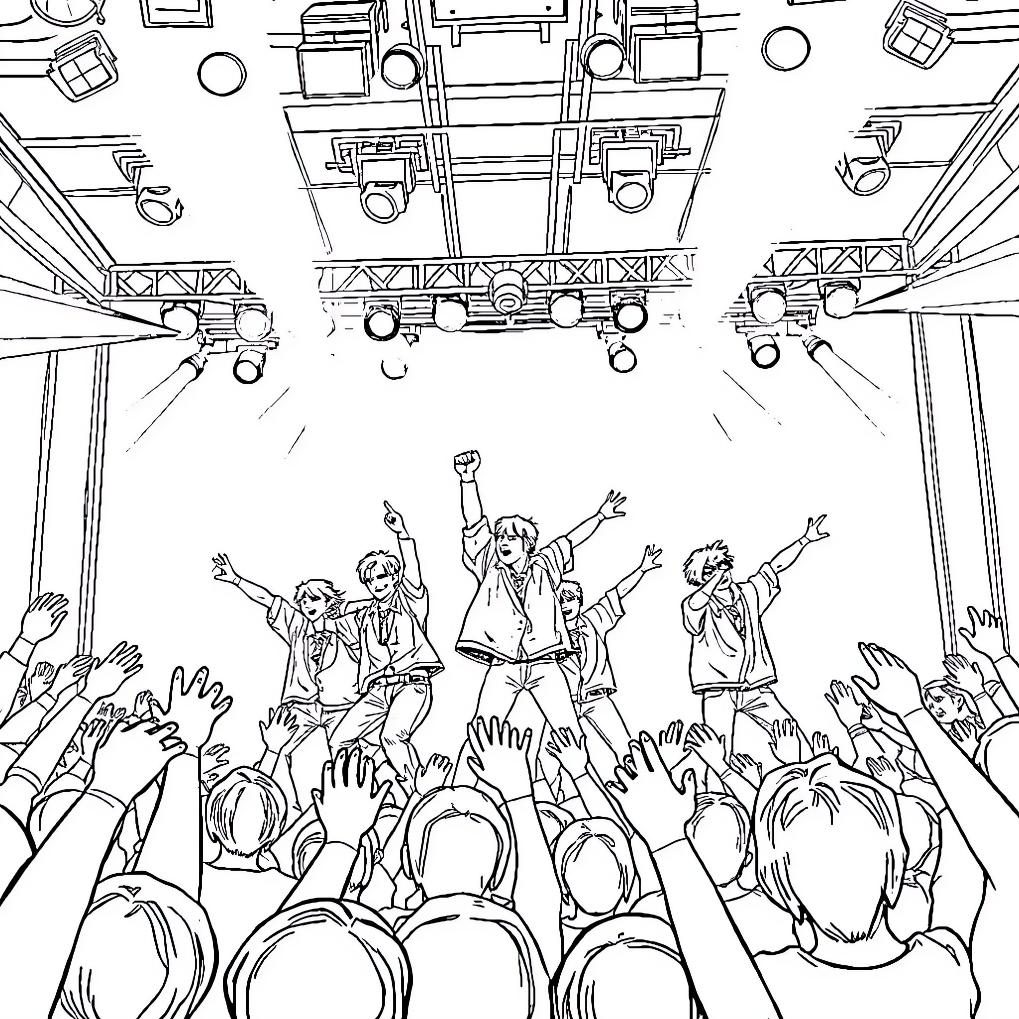 Ateez Performing Energetically for Adoring Audience Coloring Page (free black-and-white line drawing printable PDF for all, from beginners to advanced learners, including children, teens, adults, and seniors)