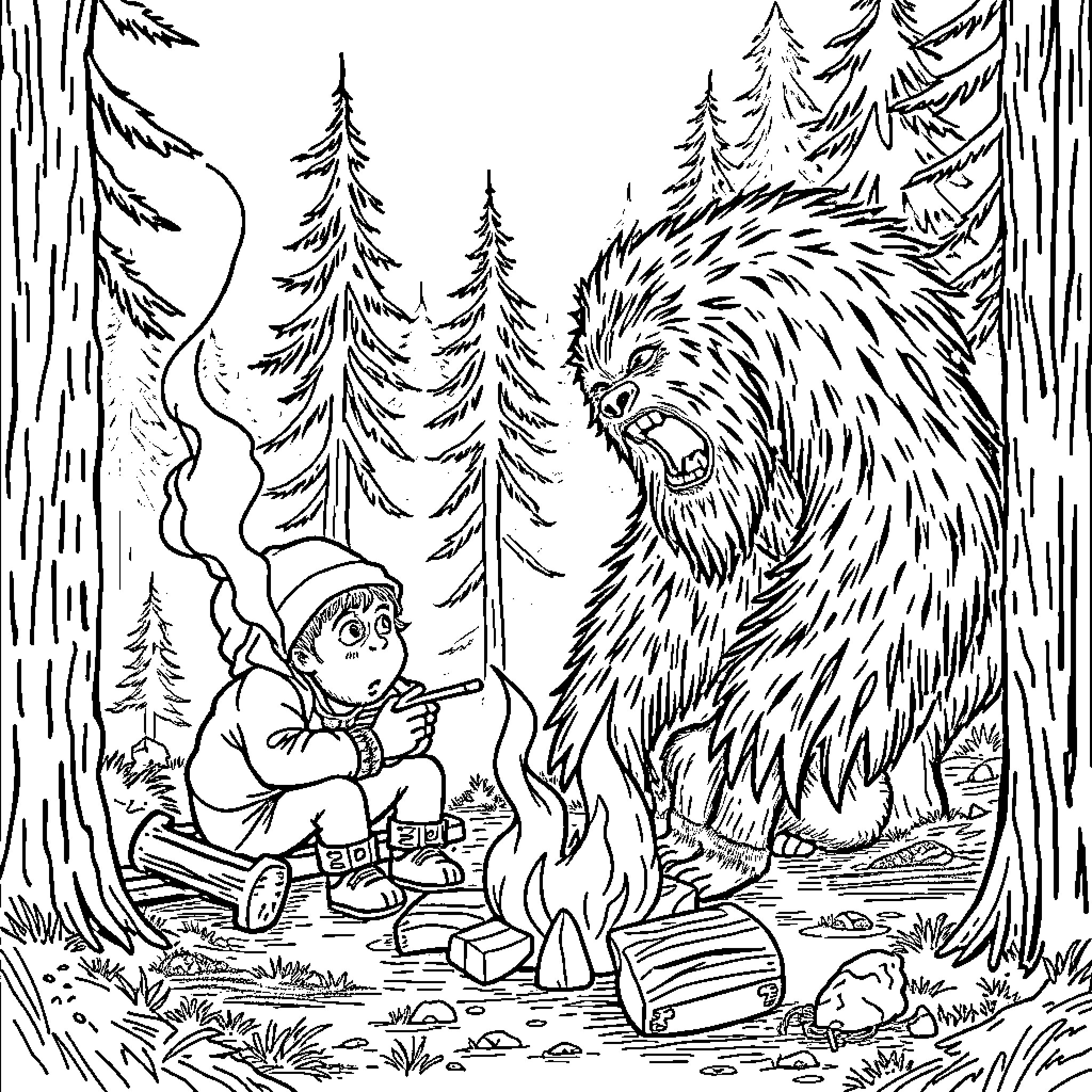 Sasquatch encounters a startled person in the forest Coloring Page (free black-and-white line drawing printable PDF for all, from beginners to advanced learners, including children, teens, adults, and seniors)