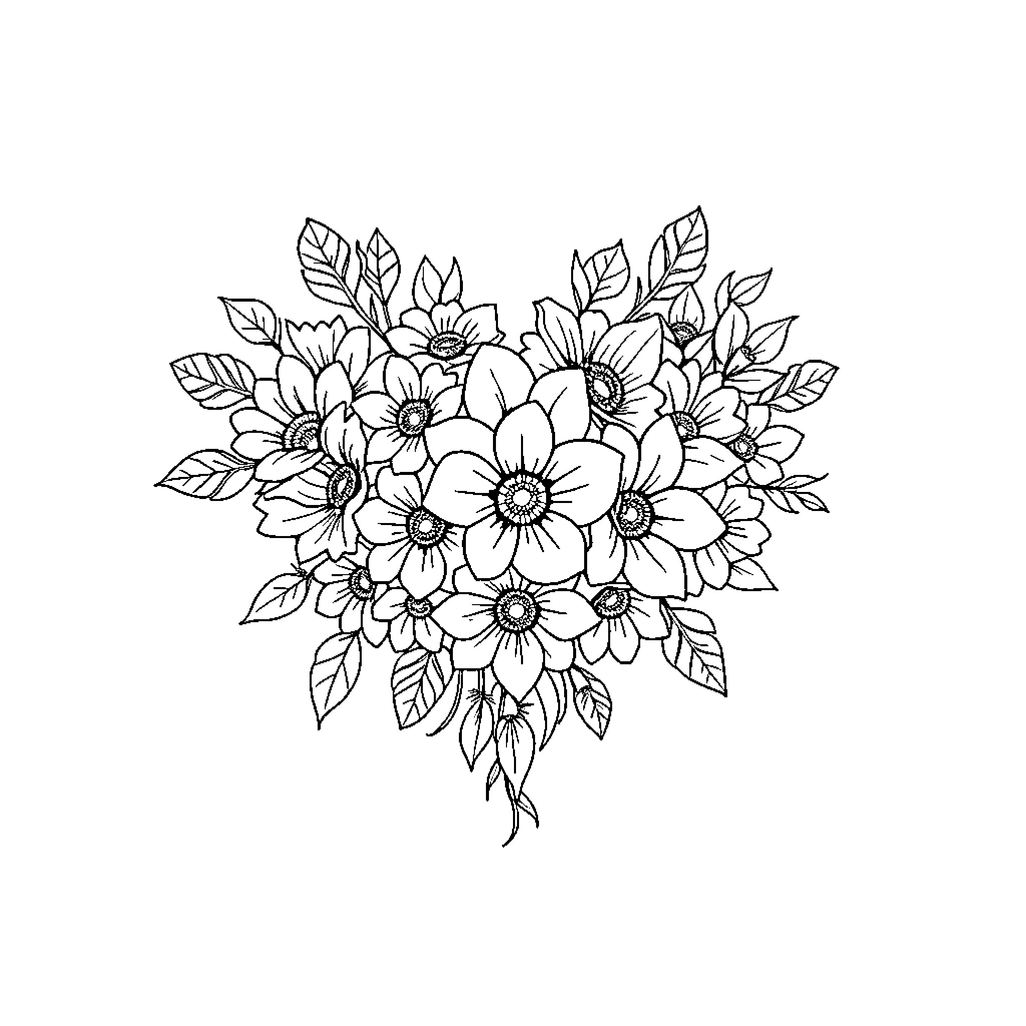 Bouquet of Vibrant Floral Illustration Coloring Page (free black-and-white line drawing printable PDF for all, from beginners to advanced learners, including children, teens, adults, and seniors)