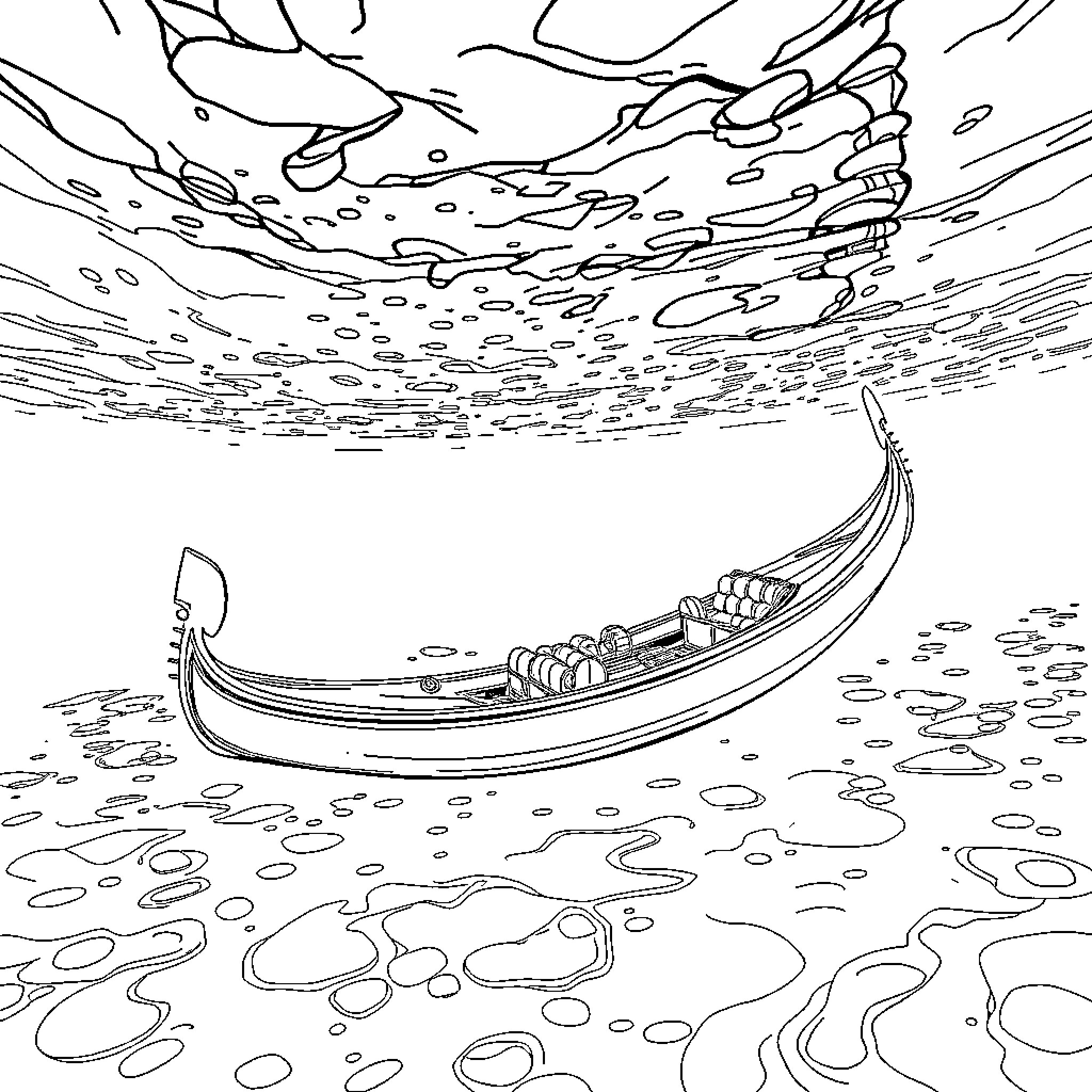Gondola floating on serene waters Coloring Page (free black-and-white line drawing printable PDF for all, from beginners to advanced learners, including children, teens, adults, and seniors)