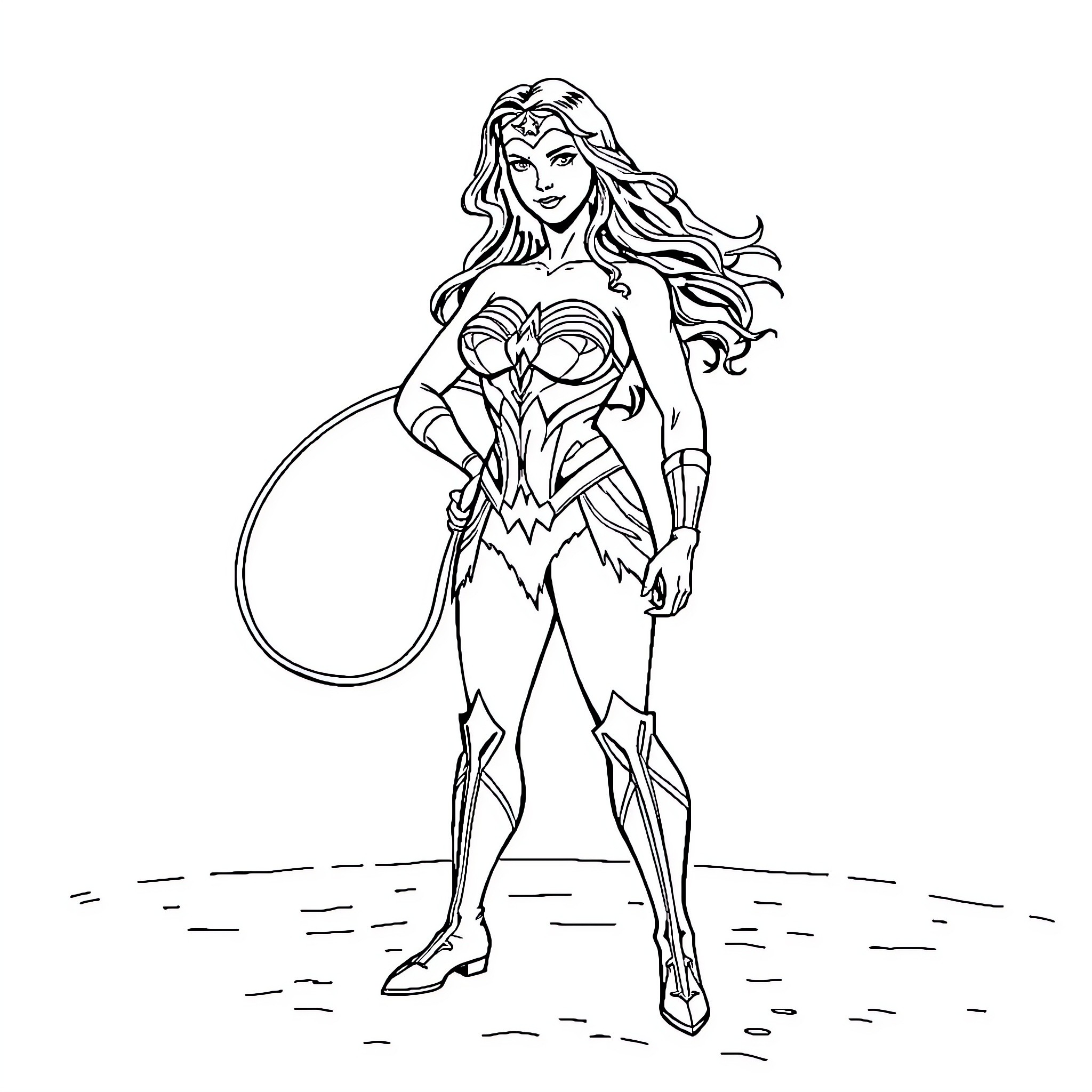 Wonder Woman in heroic pose with lasso Coloring Page (free black-and-white line drawing printable PDF for all, from beginners to advanced learners, including children, teens, adults, and seniors)