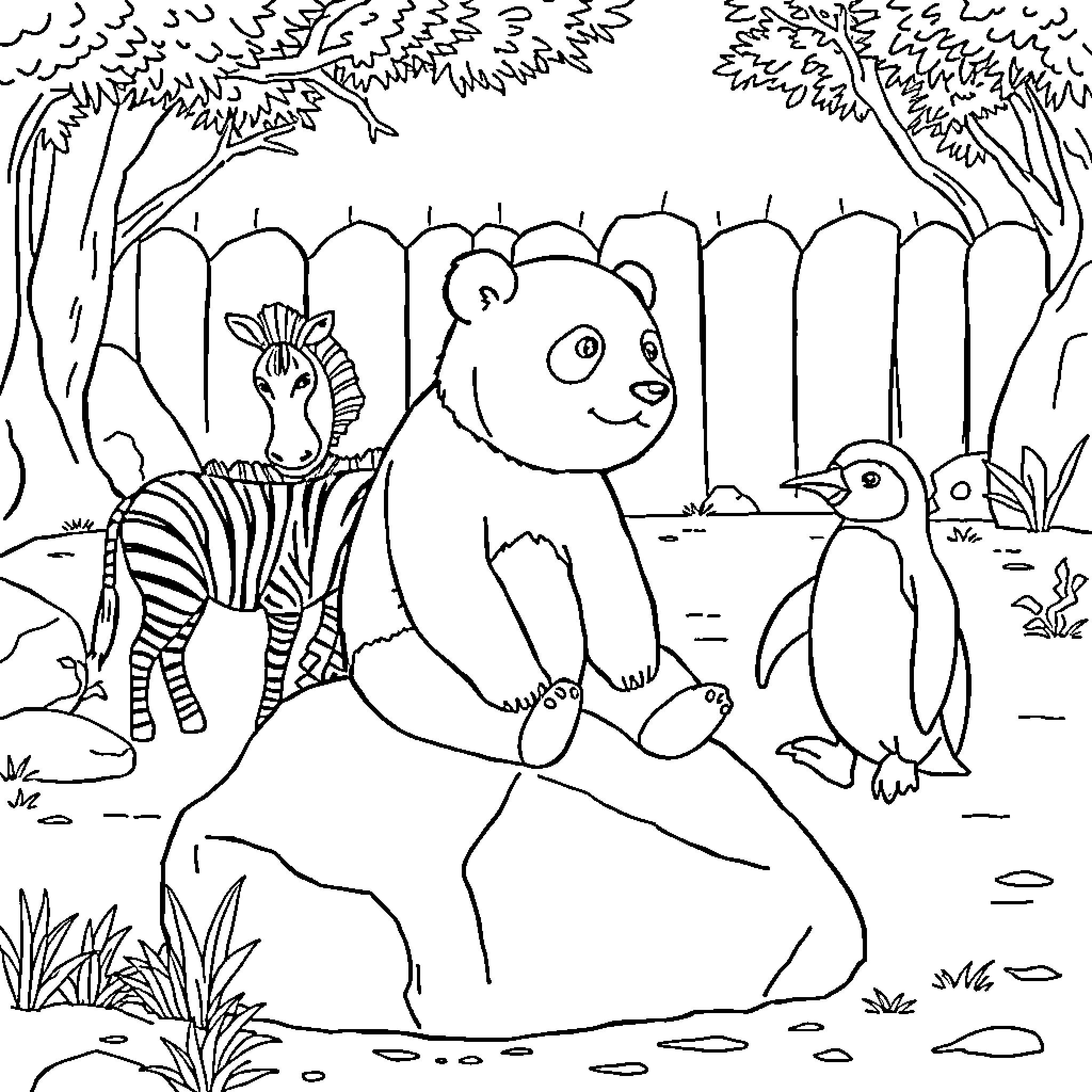 Panda in a Playful Zoo Scene Coloring Page (free black-and-white line drawing printable PDF for all, from beginners to advanced learners, including children, teens, adults, and seniors)