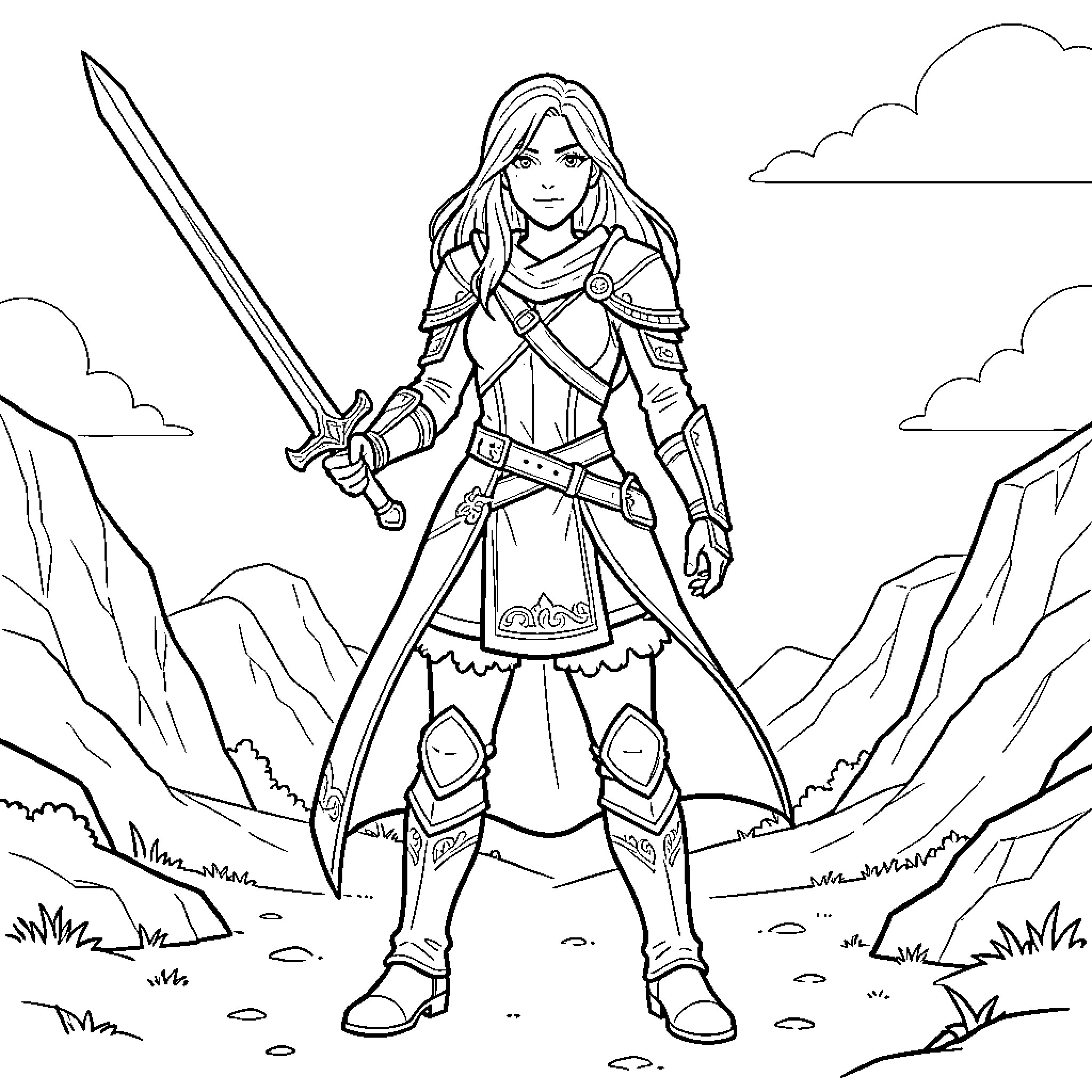 Alanna standing heroically while holding a large sword Coloring Page (free black-and-white line drawing printable PDF for all, from beginners to advanced learners, including children, teens, adults, and seniors)