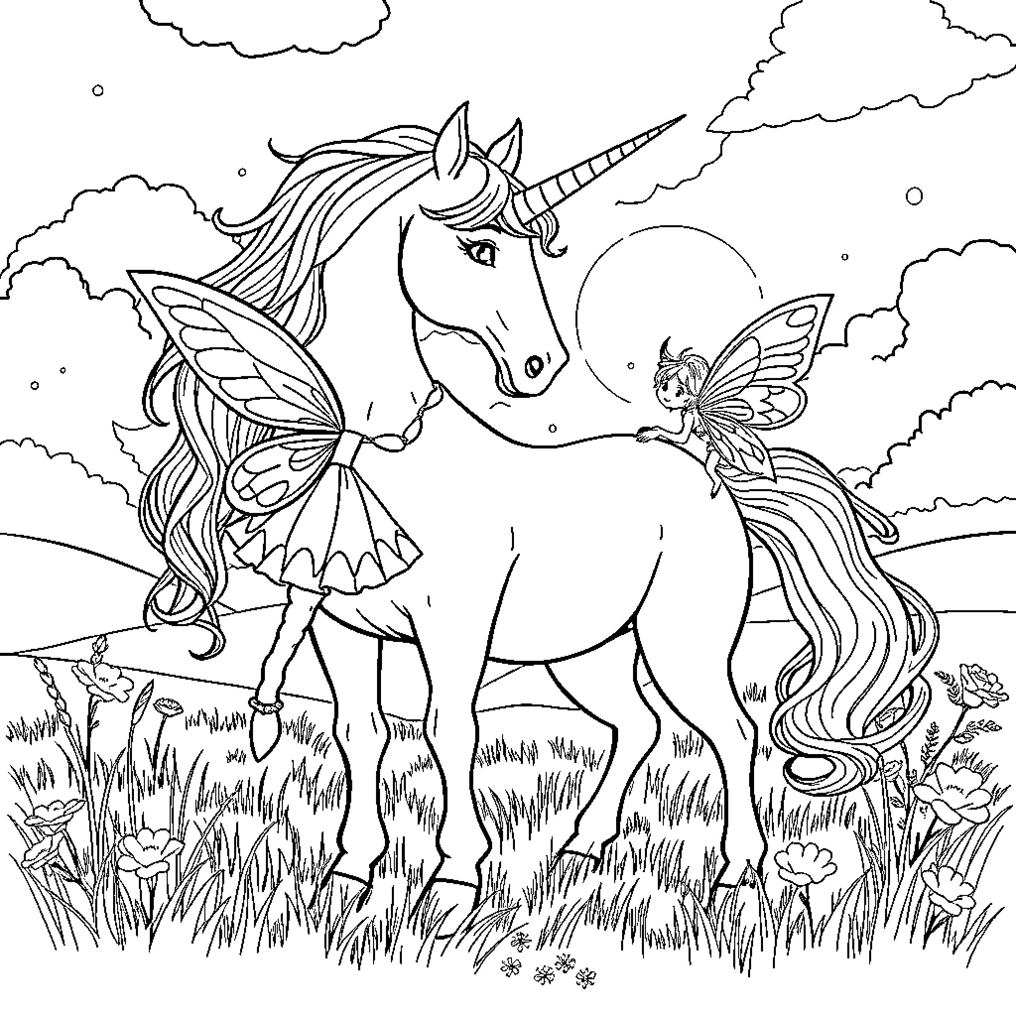 Fairy Unicorn and Butterfly in a Magical Meadow Coloring Page (free black-and-white line drawing printable PDF for all, from beginners to advanced learners, including children, teens, adults, and seniors)