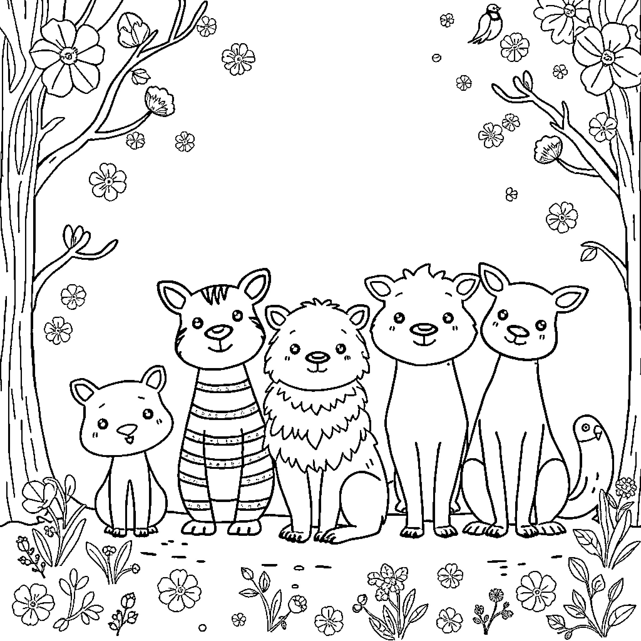Animal friends in floral meadow Coloring Page (free black-and-white line drawing printable PDF for all, from beginners to advanced learners, including children, teens, adults, and seniors)