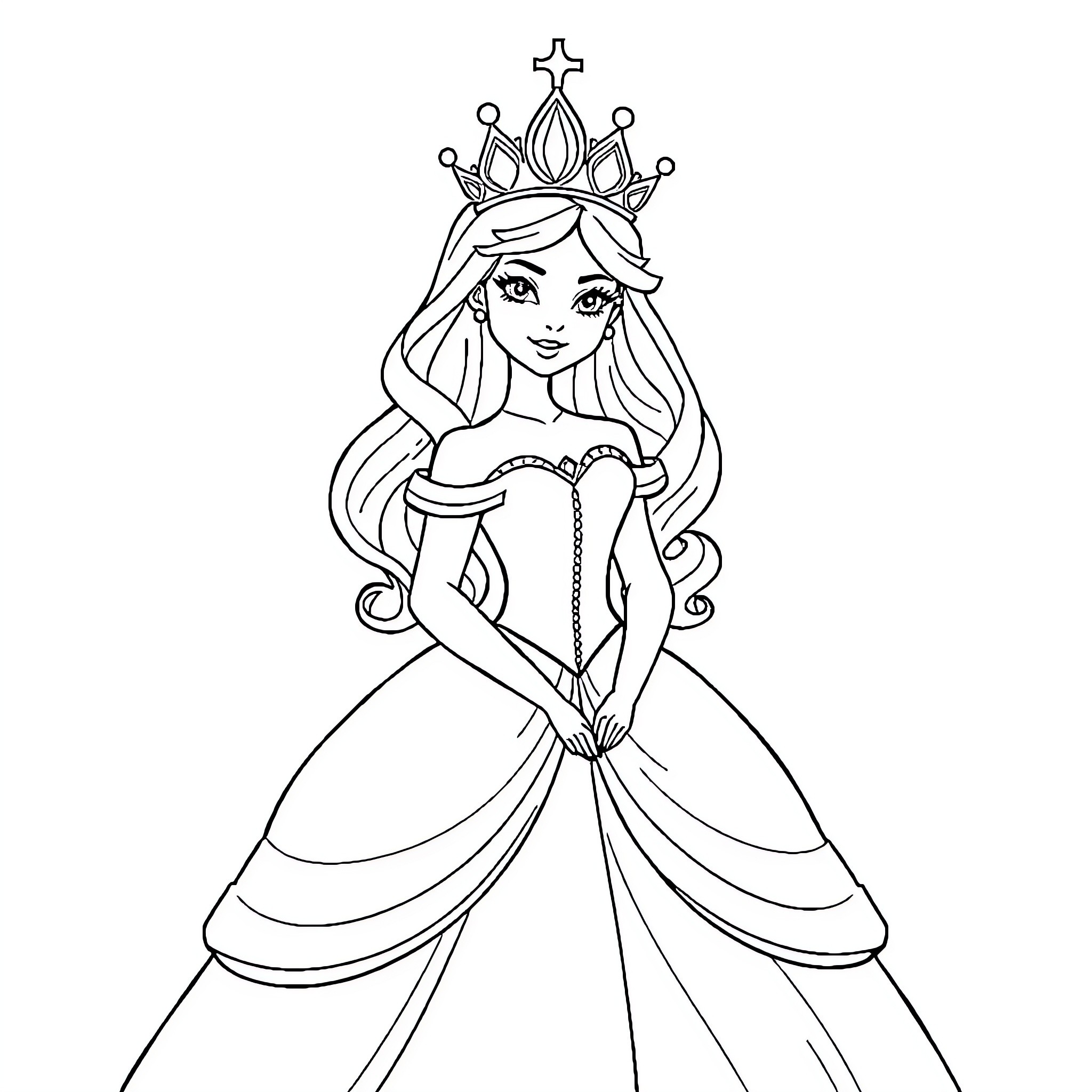 Princess in elegant gown and crown Coloring Page (free black-and-white line drawing printable PDF for all, from beginners to advanced learners, including children, teens, adults, and seniors)