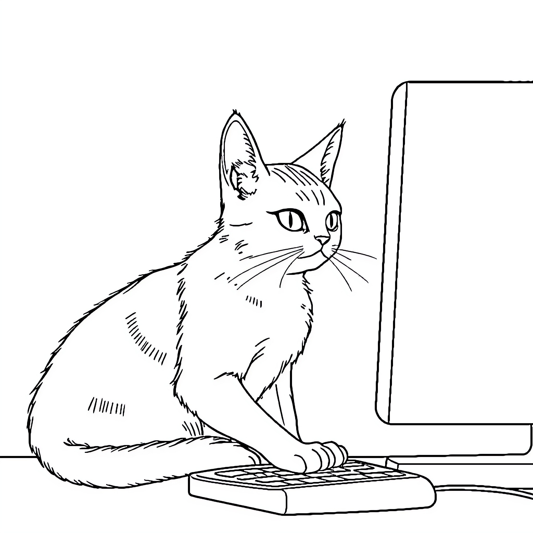 Cat using computer keyboard intently Coloring Page (free black-and-white line drawing printable PDF for all, from beginners to advanced learners, including children, teens, adults, and seniors)