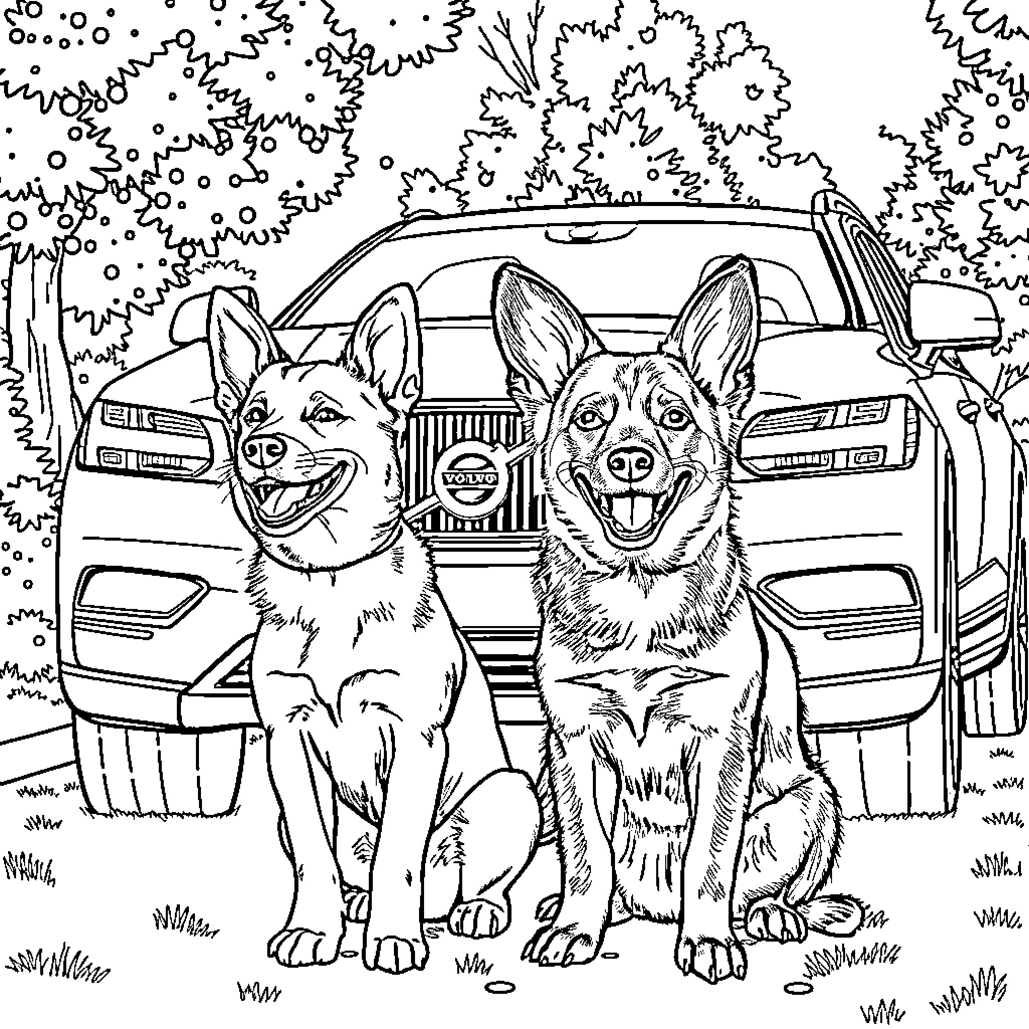 Volvo companions exploring the outdoor scenery Coloring Page (free black-and-white line drawing printable PDF for all, from beginners to advanced learners, including children, teens, adults, and seniors)