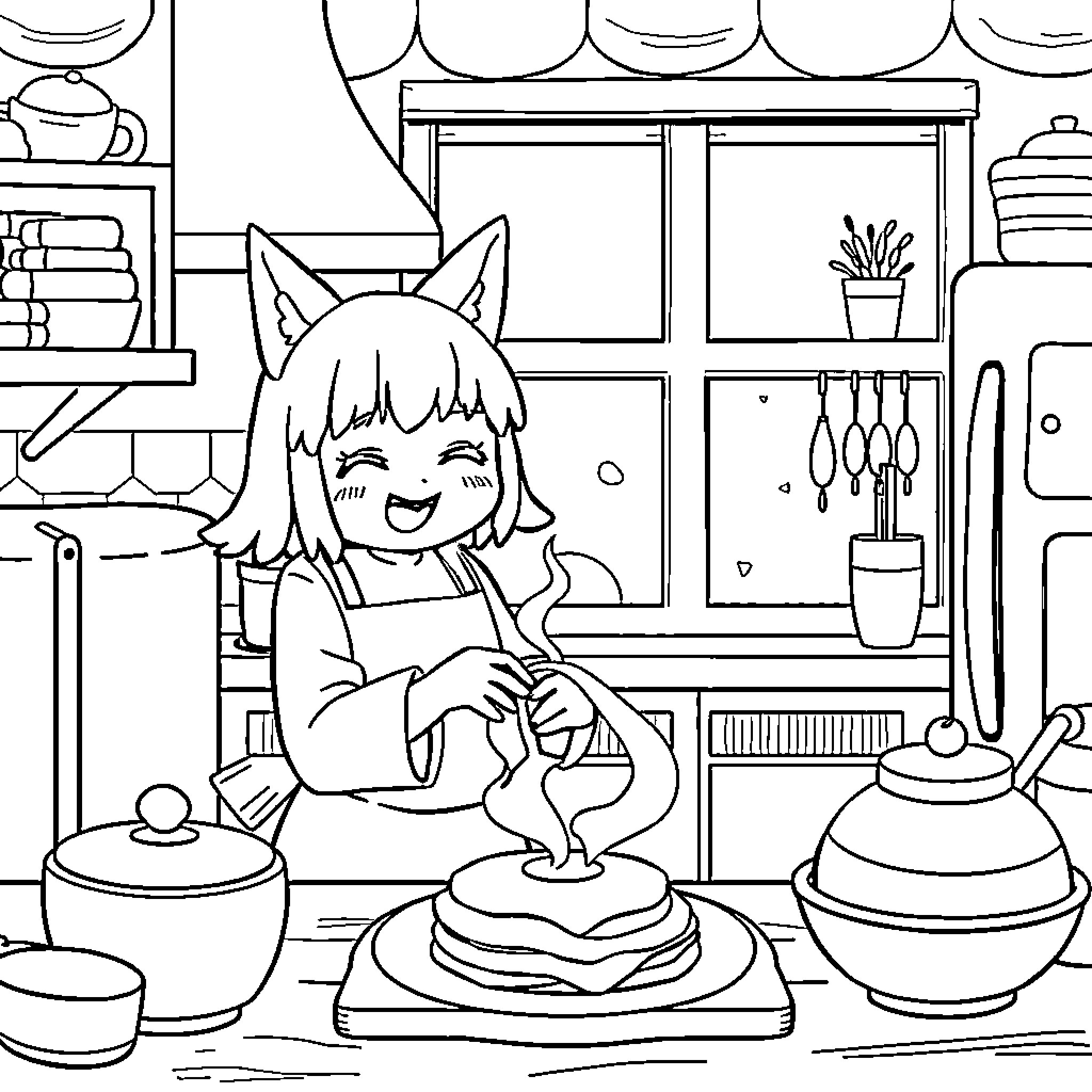 Kuromi baking delicious treats in the cozy kitchen Coloring Page (free black-and-white line drawing printable PDF for all, from beginners to advanced learners, including children, teens, adults, and seniors)