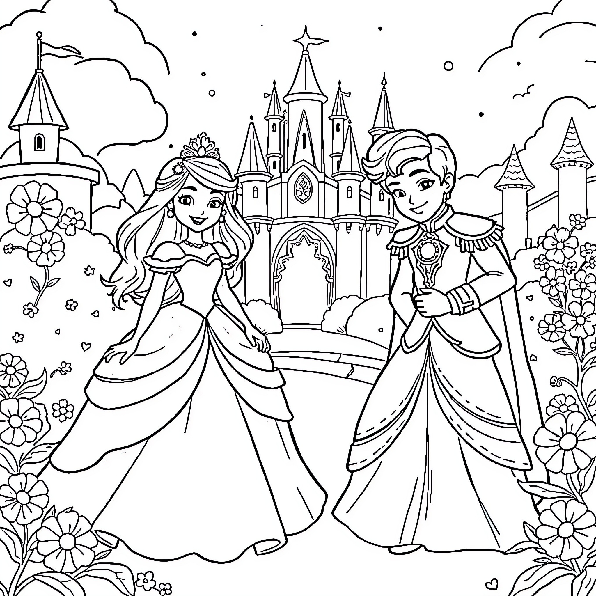 Princess and Prince in Fairytale Castle Coloring Page (free black-and-white line drawing printable PDF for all, from beginners to advanced learners, including children, teens, adults, and seniors)