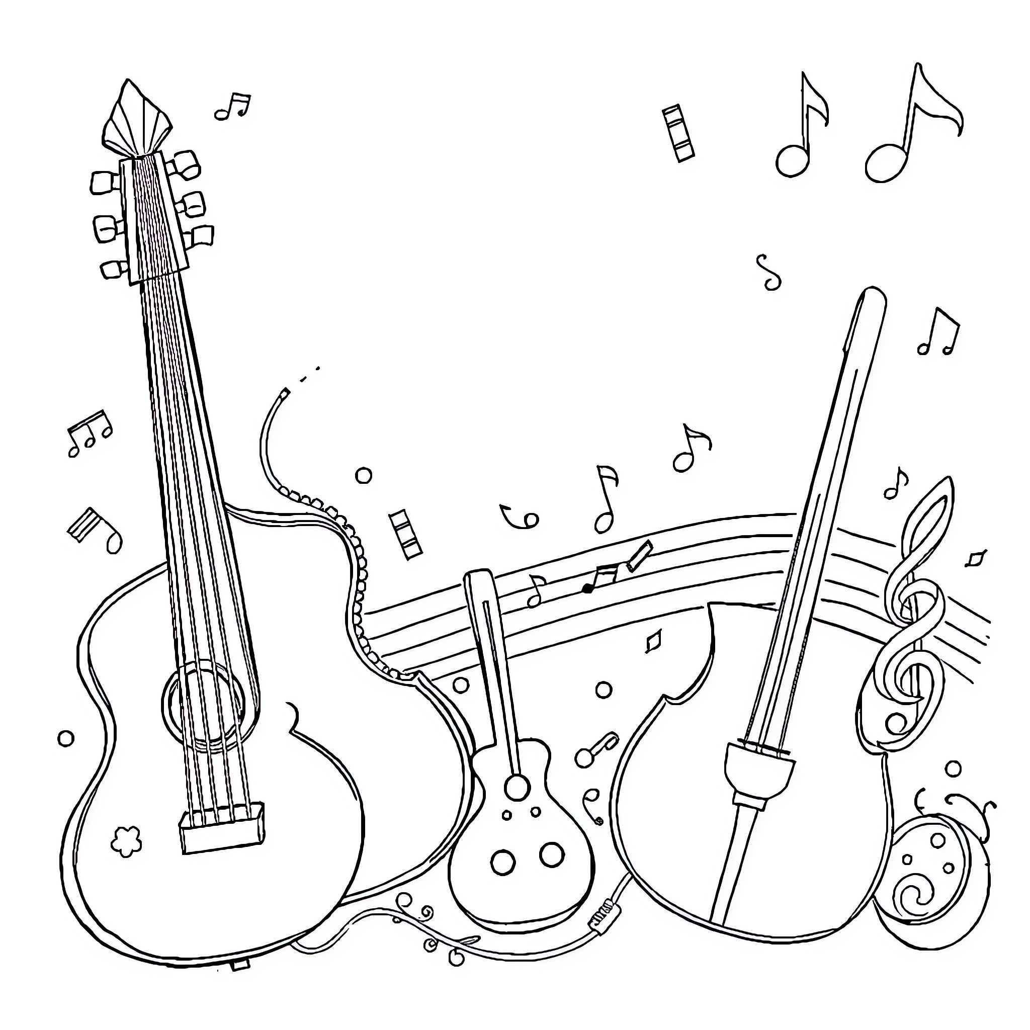 Music instruments and notes in a playful scene Coloring Page (free black-and-white line drawing printable PDF for all, from beginners to advanced learners, including children, teens, adults, and seniors)