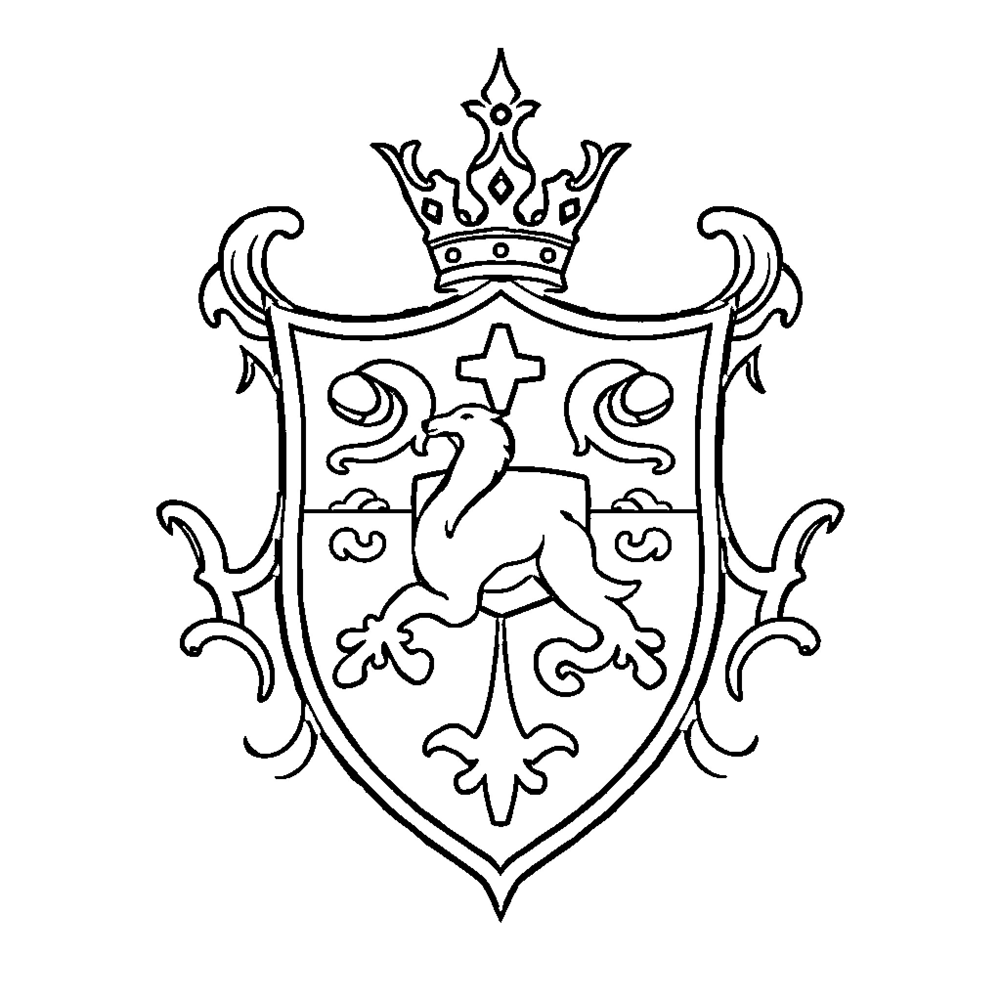 Crest with Crowned Heraldic Lion and Decorative Elements Coloring Page (free black-and-white line drawing printable PDF for all, from beginners to advanced learners, including children, teens, adults, and seniors)