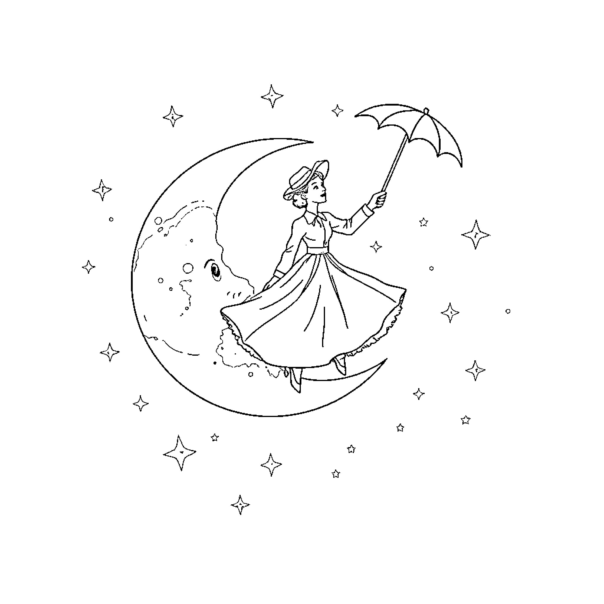 Mary Poppins strolling on a crescent moon with umbrella Coloring Page (free black-and-white line drawing printable PDF for all, from beginners to advanced learners, including children, teens, adults, and seniors)