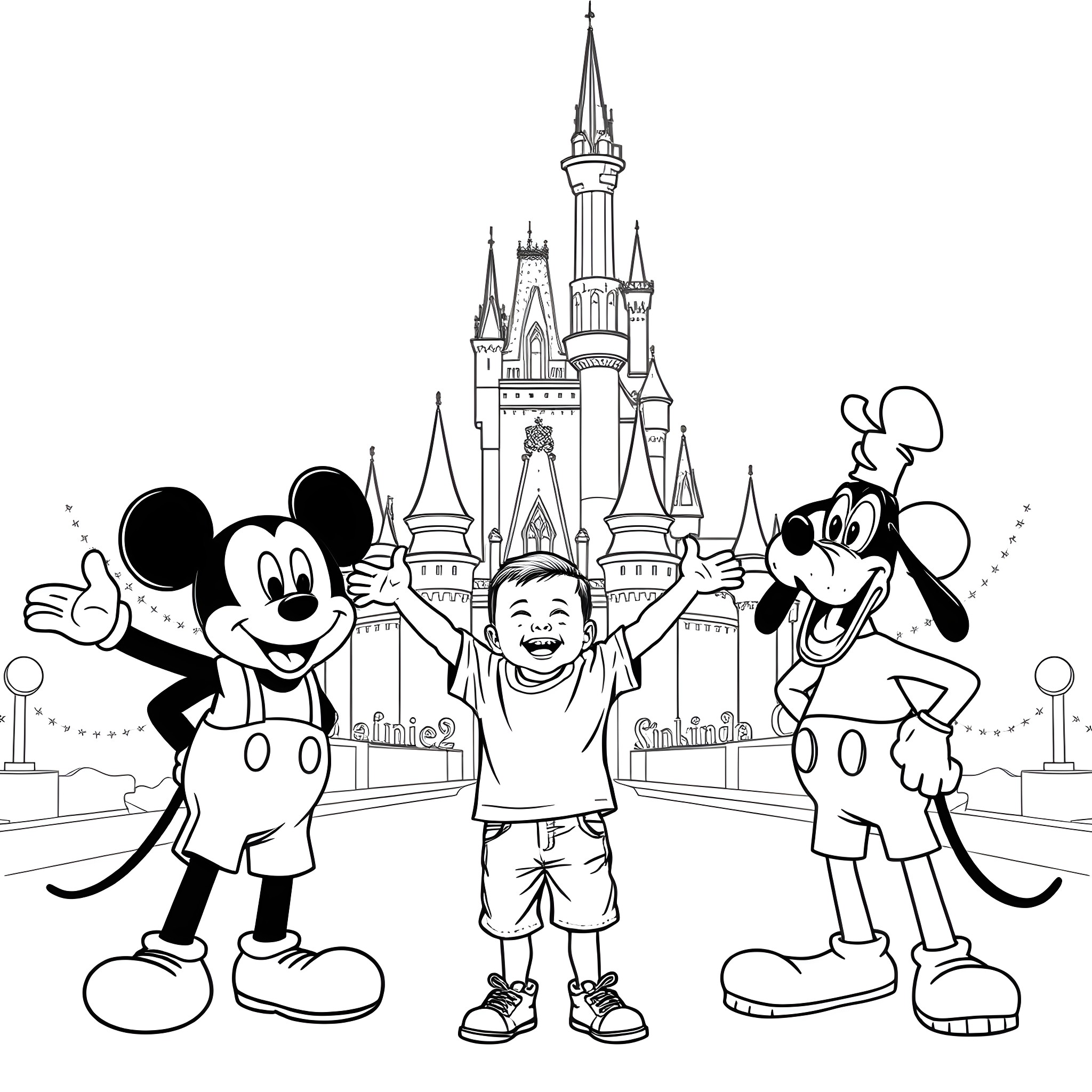 Boy excitedly explores the magical Disney castle Coloring Page (free black-and-white line drawing printable PDF for all, from beginners to advanced learners, including children, teens, adults, and seniors)