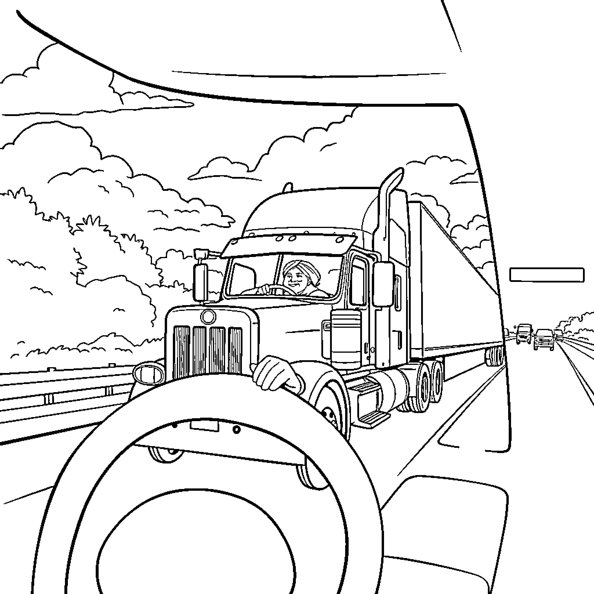 Sikh Man Driving Truck on Winding Road Coloring Page (free black-and-white line drawing printable PDF for all, from beginners to advanced learners, including children, teens, adults, and seniors)