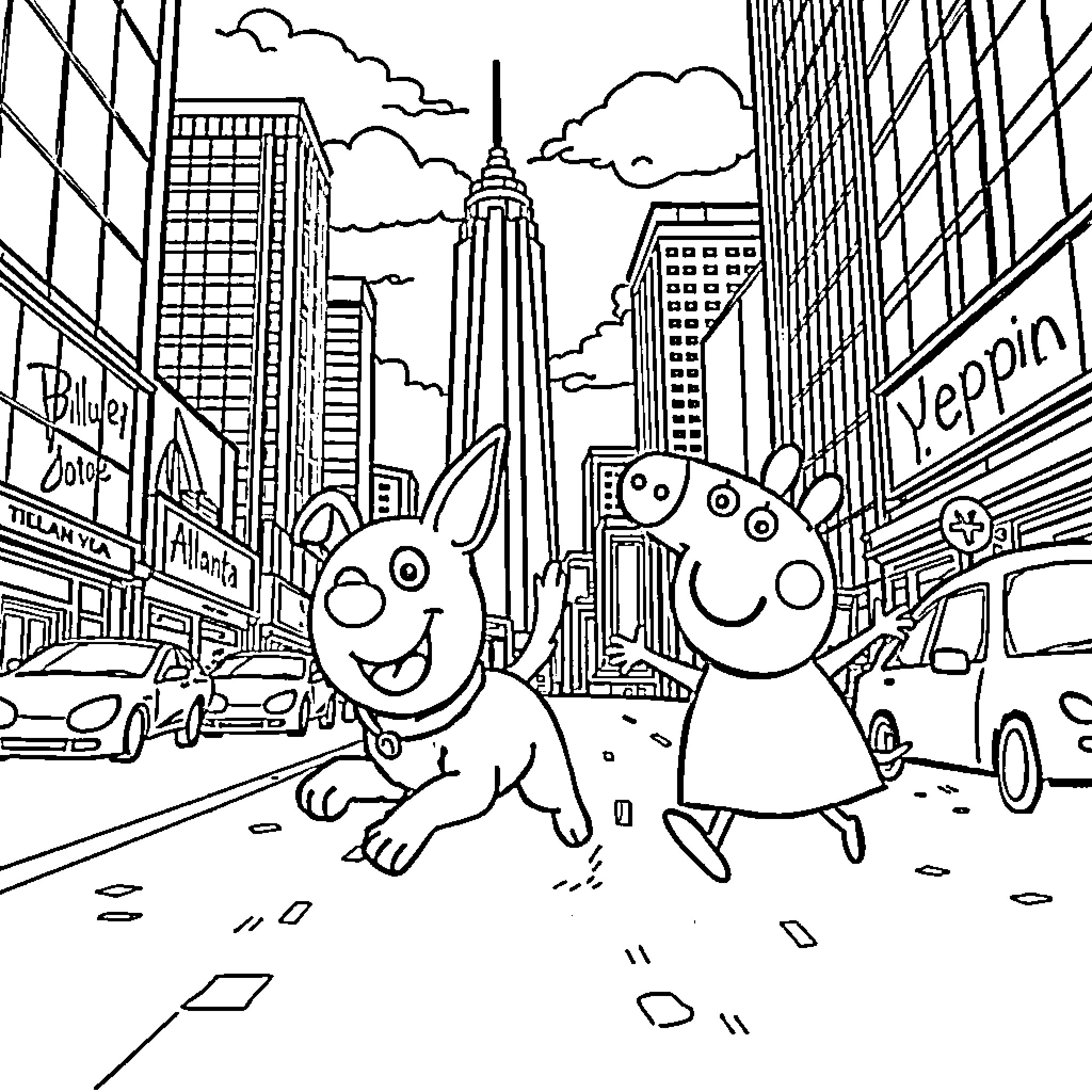 Bluey and Bingo's City Adventure Coloring Page (free black-and-white line drawing printable PDF for all, from beginners to advanced learners, including children, teens, adults, and seniors)