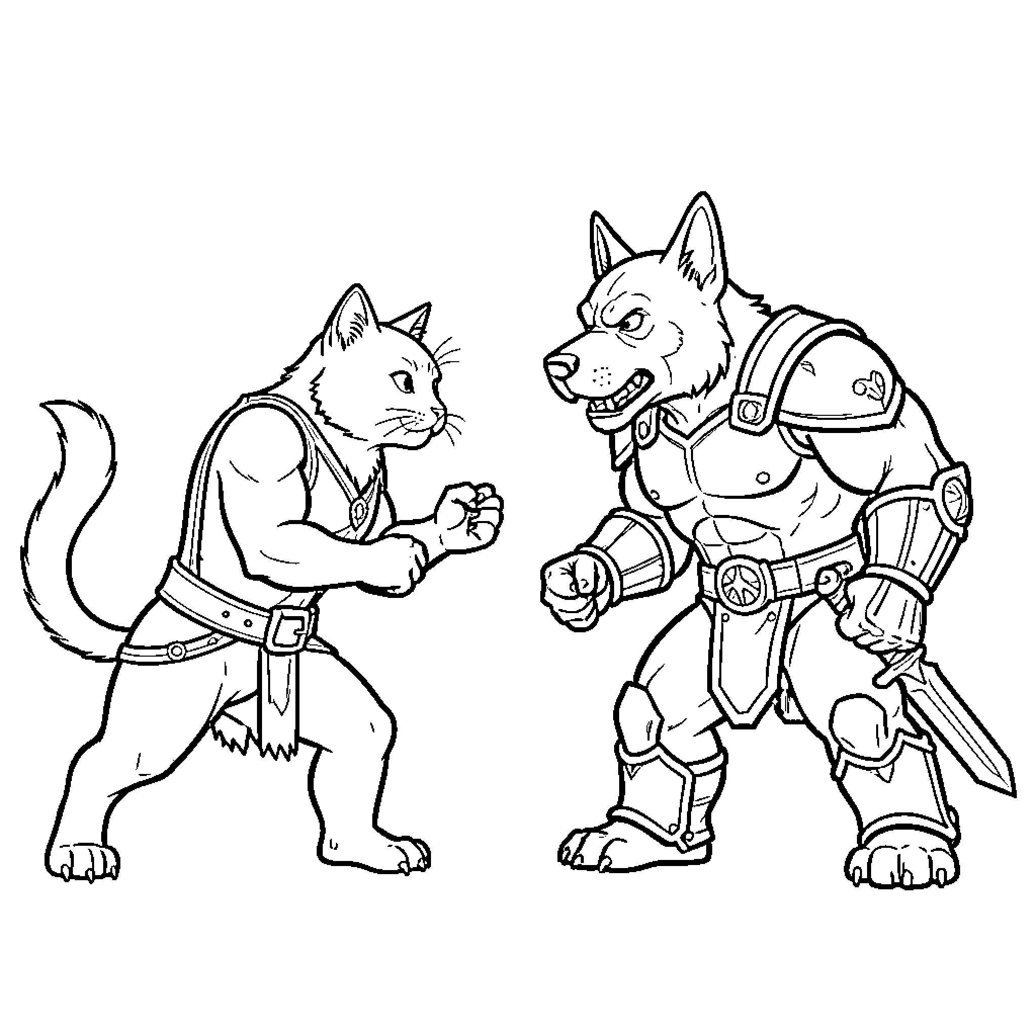 Cat vs Dog in an epic warrior battle Coloring Page (free black-and-white line drawing printable PDF for all, from beginners to advanced learners, including children, teens, adults, and seniors)