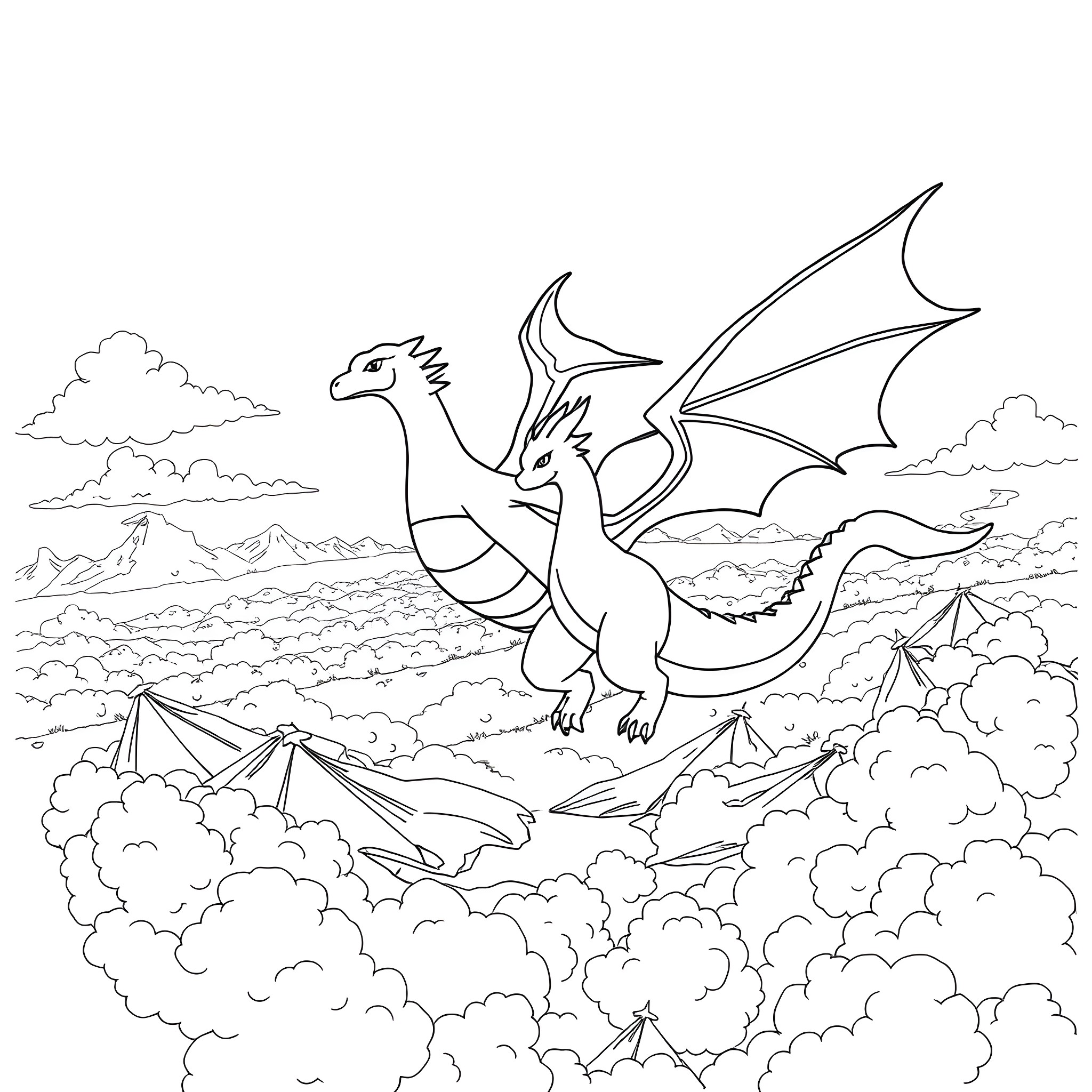 Dragon soaring through the cloudy sky Coloring Page (free black-and-white line drawing printable PDF for all, from beginners to advanced learners, including children, teens, adults, and seniors)