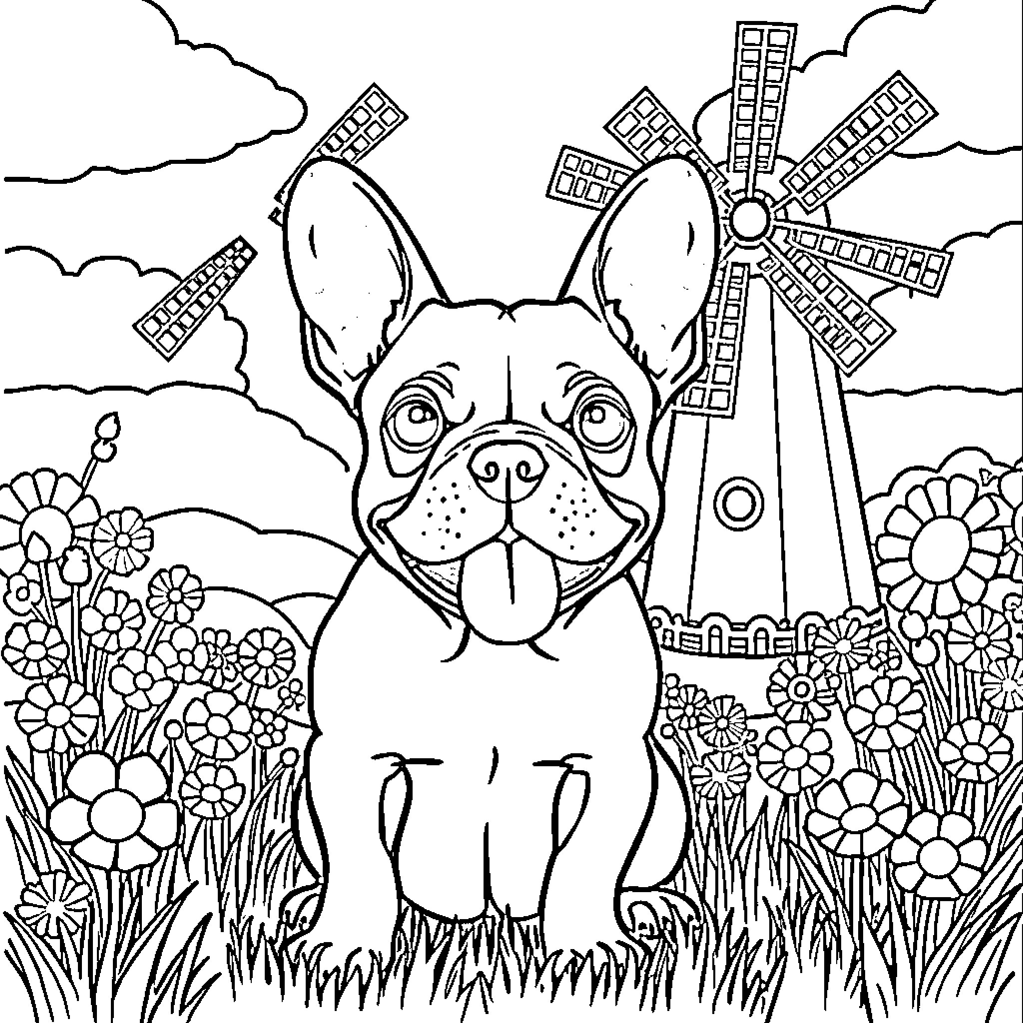 French Bulldog enjoying scenic countryside landscape Coloring Page (free black-and-white line drawing printable PDF for all, from beginners to advanced learners, including children, teens, adults, and seniors)