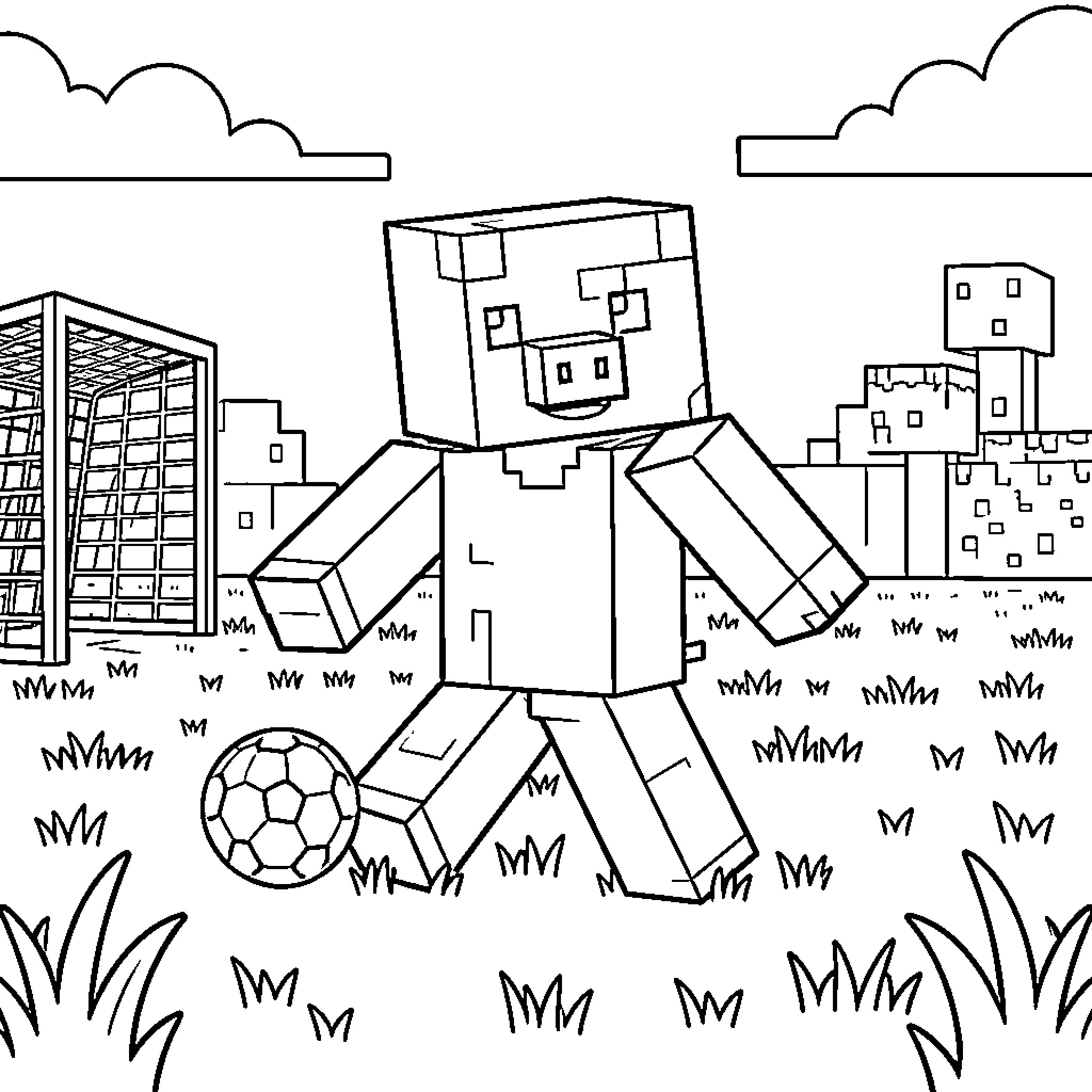 Minecraft Pig playing soccer in a blocky landscape Coloring Page (free black-and-white line drawing printable PDF for all, from beginners to advanced learners, including children, teens, adults, and seniors)