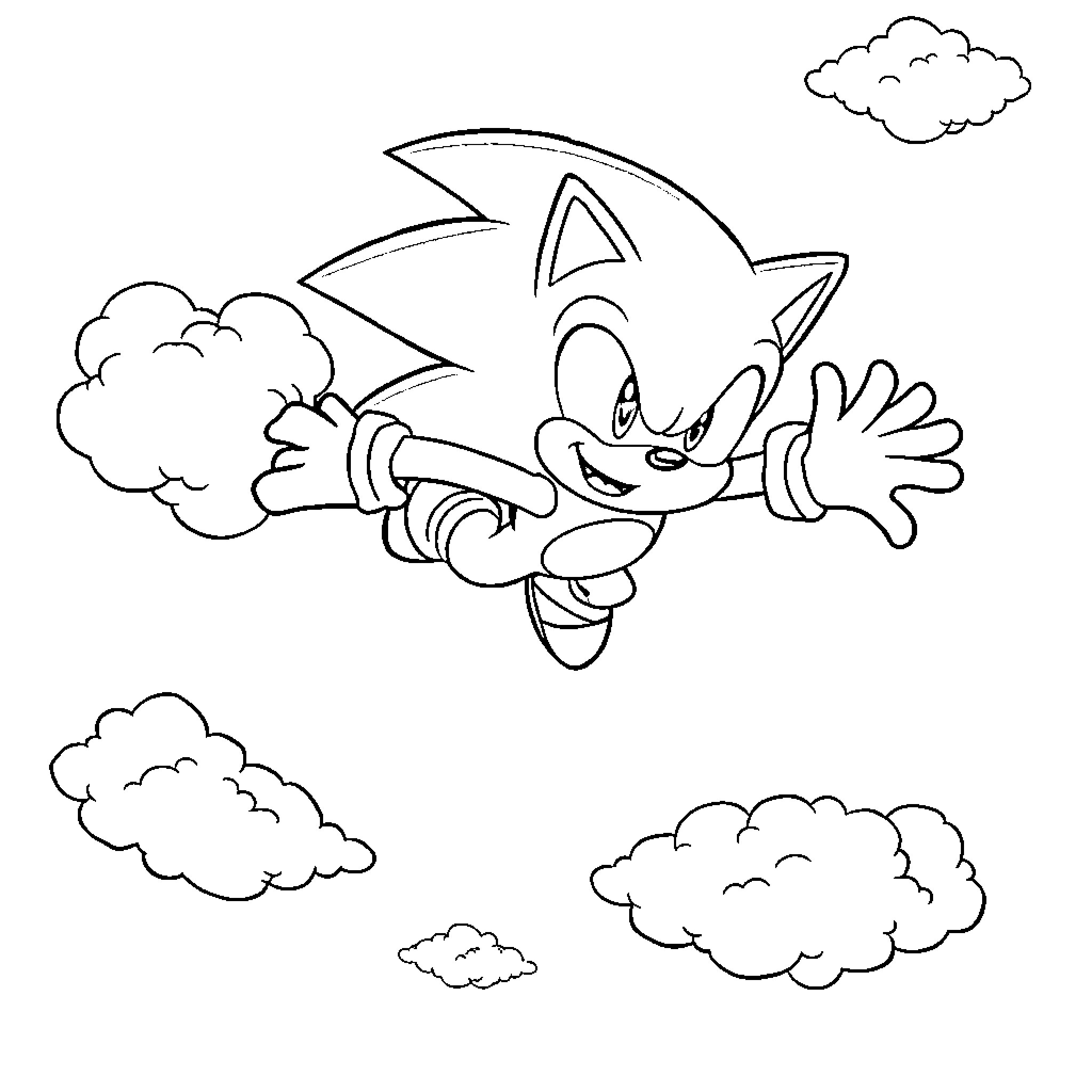 Sonic speeding through the clouds Coloring Page (free black-and-white line drawing printable PDF for all, from beginners to advanced learners, including children, teens, adults, and seniors)