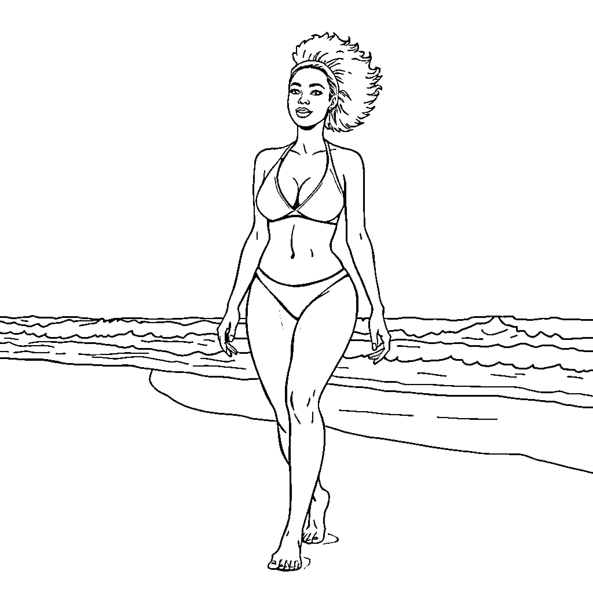 Woman walking on the beach in swimwear Coloring Page (free black-and-white line drawing printable PDF for all, from beginners to advanced learners, including children, teens, adults, and seniors)