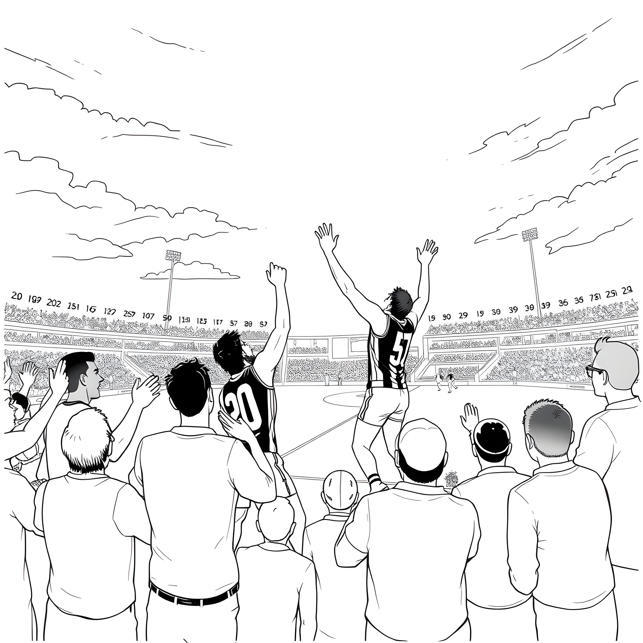 Port Adelaide: Fans Cheering Passionately at the Stadium Coloring Page (free black-and-white line drawing printable PDF for all, from beginners to advanced learners, including children, teens, adults, and seniors)