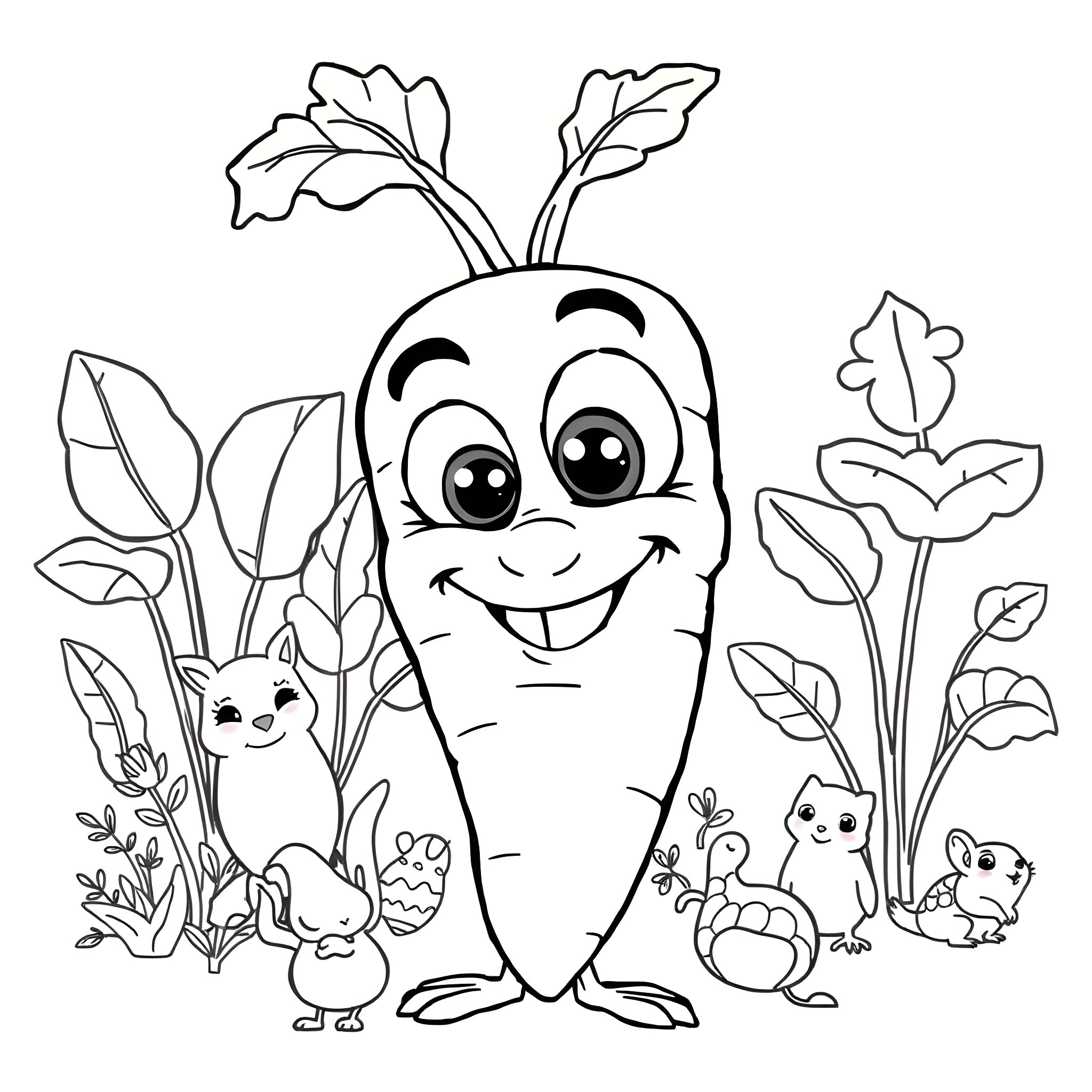 Carrot and Adorable Animals in a Playful Garden Coloring Page (free black-and-white line drawing printable PDF for all, from beginners to advanced learners, including children, teens, adults, and seniors)