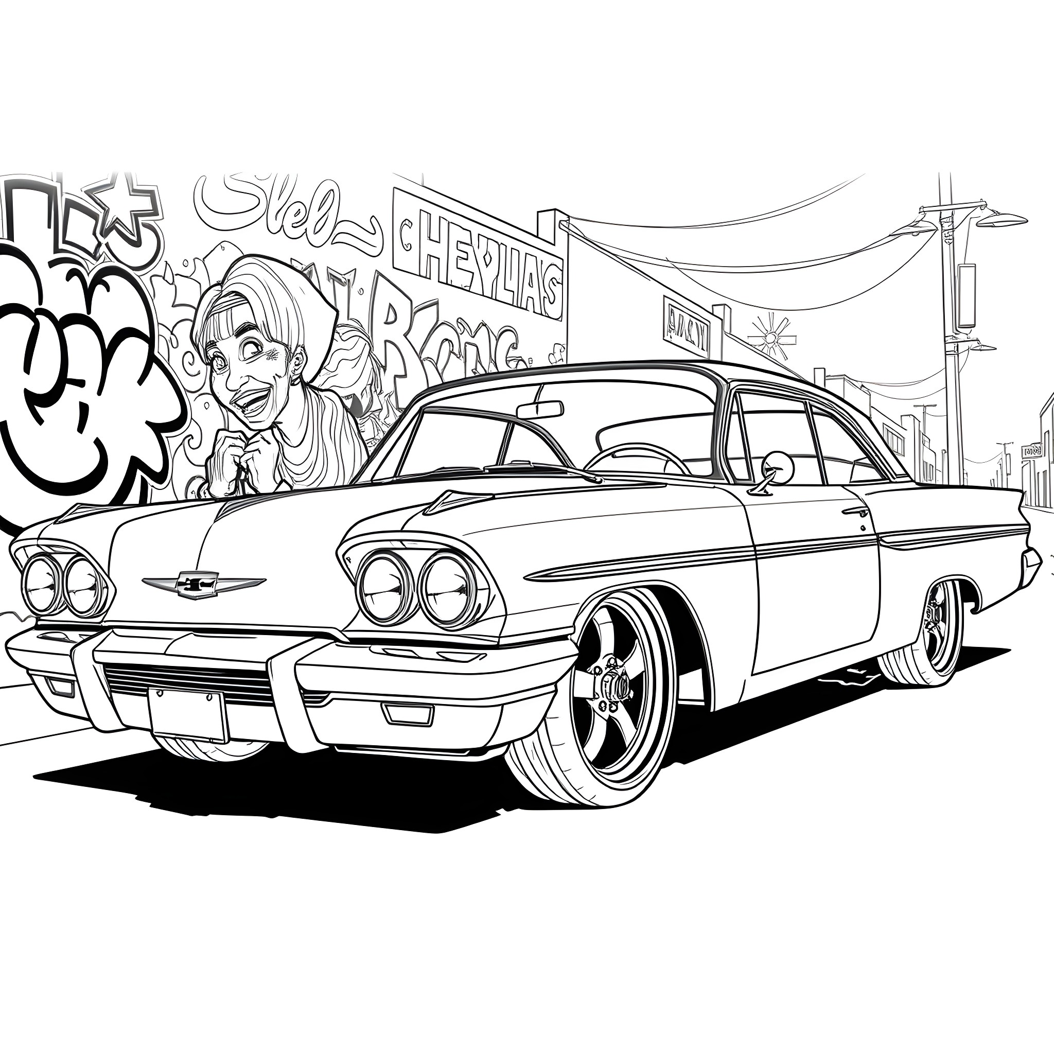 Chevy Classic Car Cruising in Urban Graffiti Scene Coloring Page (free black-and-white line drawing printable PDF for all, from beginners to advanced learners, including children, teens, adults, and seniors)