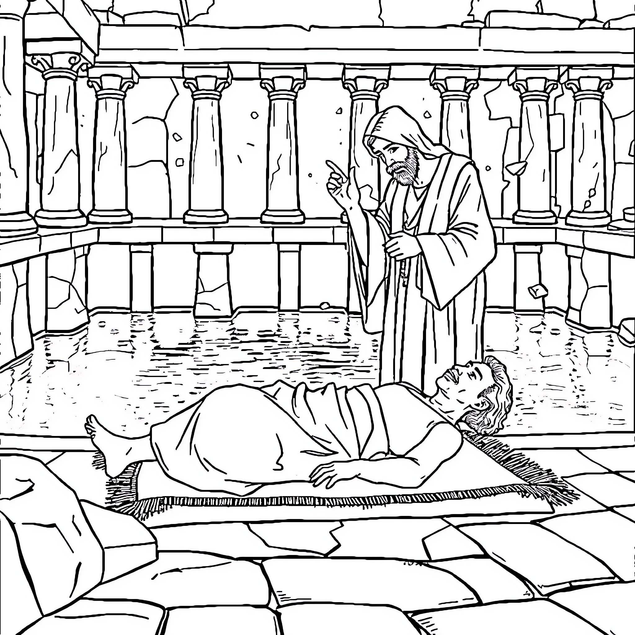 Jesus Raising the Dead in the Temple Coloring Page (free black-and-white line drawing printable PDF for all, from beginners to advanced learners, including children, teens, adults, and seniors)