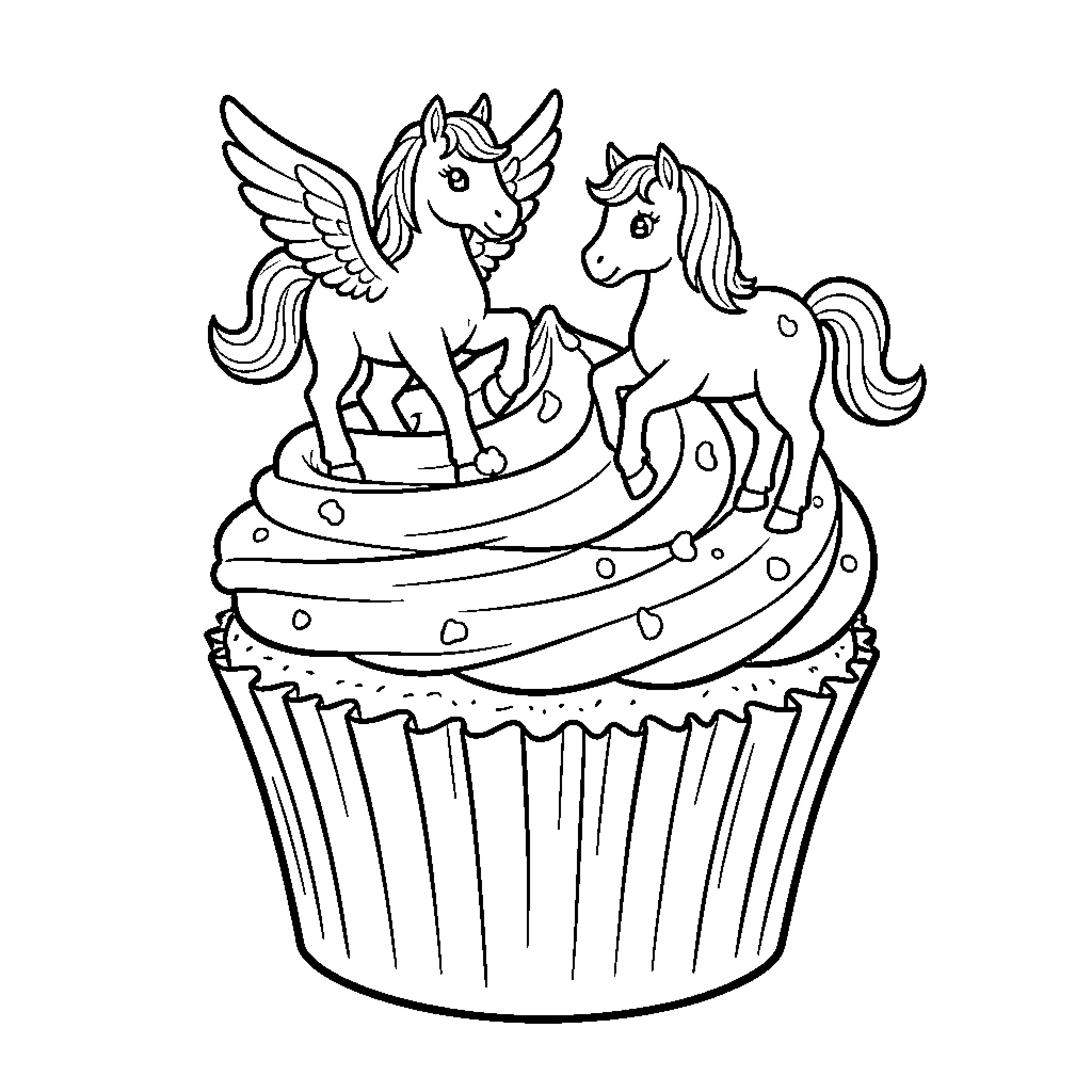 Pegasus unicorns atop a cupcake Coloring Page (free black-and-white line drawing printable PDF for all, from beginners to advanced learners, including children, teens, adults, and seniors)