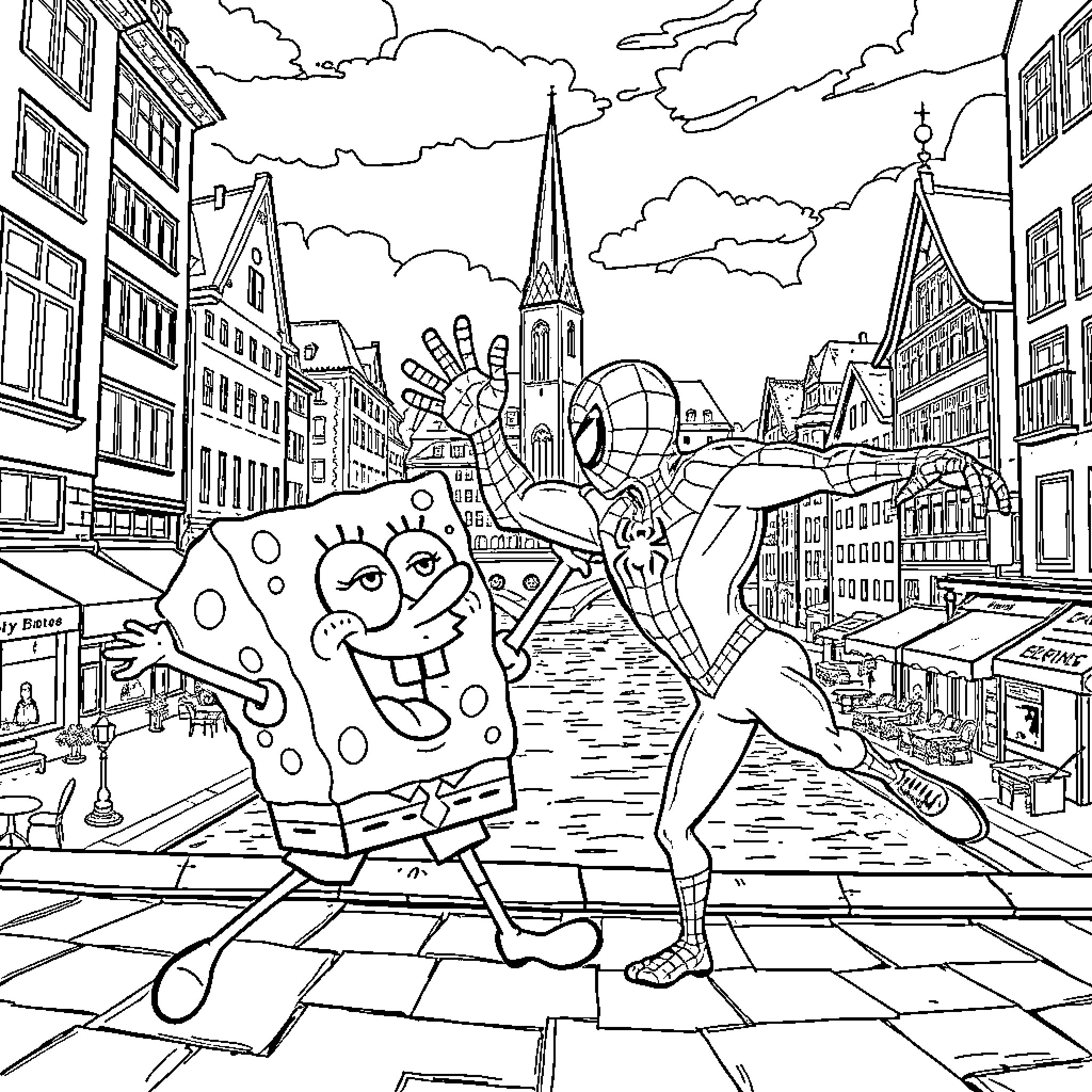 Spongebob and Spiderman Adventuring in the City Coloring Page (free black-and-white line drawing printable PDF for all, from beginners to advanced learners, including children, teens, adults, and seniors)