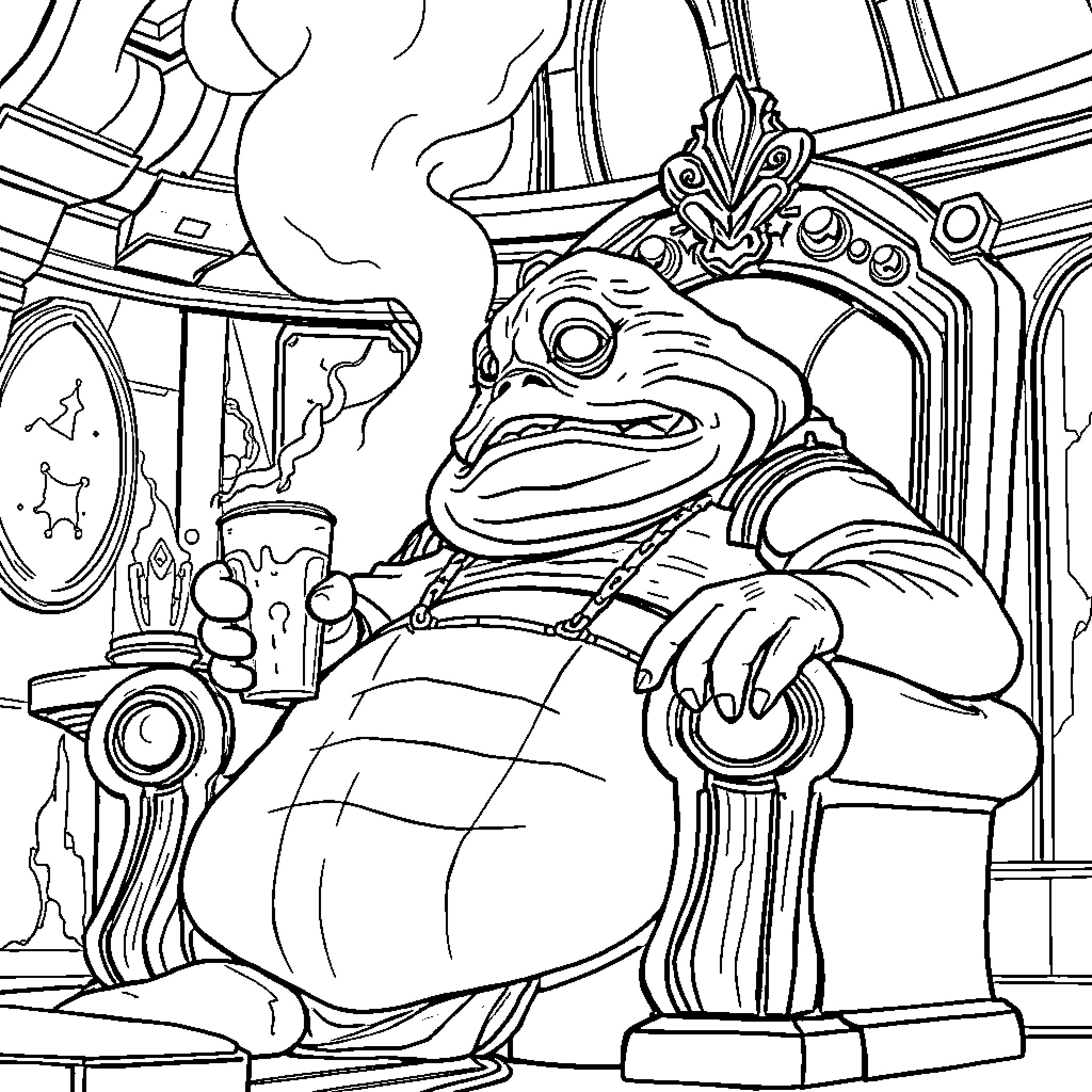 Jabba the Hutt Lounging in His Throne Room Coloring Page (free black-and-white line drawing printable PDF for all, from beginners to advanced learners, including children, teens, adults, and seniors)