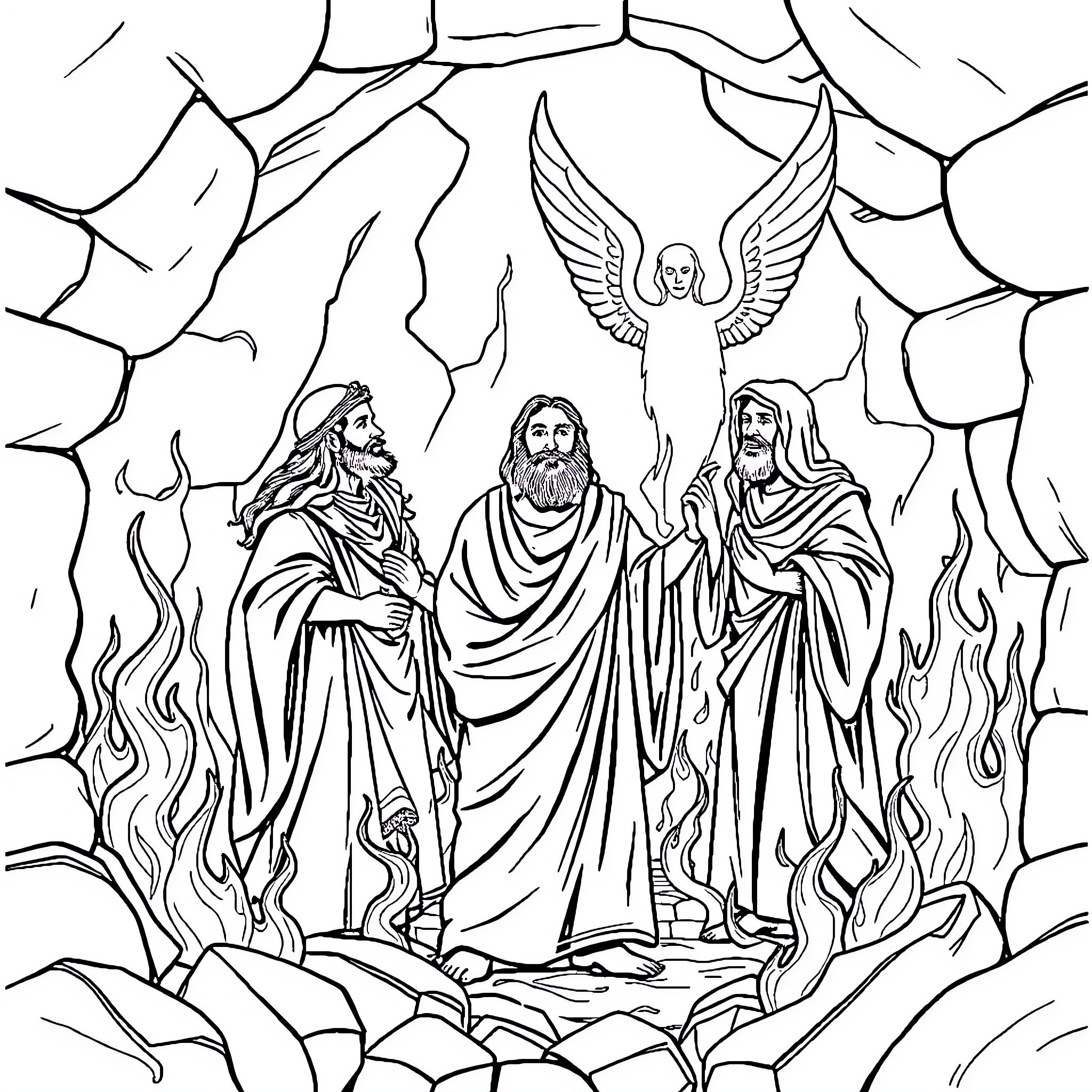 Shadrach, Meshach, Abednego Walking Through Fiery Furnace Coloring Page (free black-and-white line drawing printable PDF for all, from beginners to advanced learners, including children, teens, adults, and seniors)
