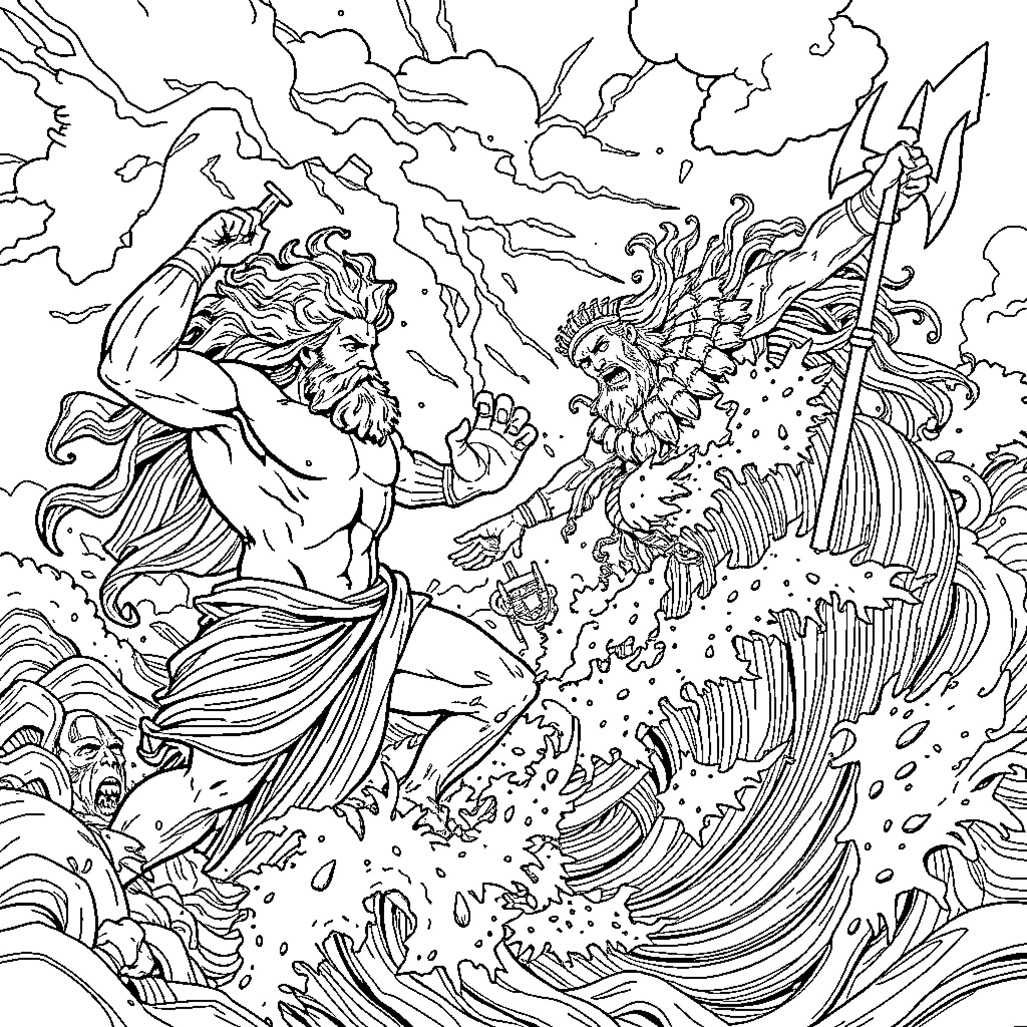 Zeus battling a monstrous creature in the stormy skies Coloring Page (free black-and-white line drawing printable PDF for all, from beginners to advanced learners, including children, teens, adults, and seniors)