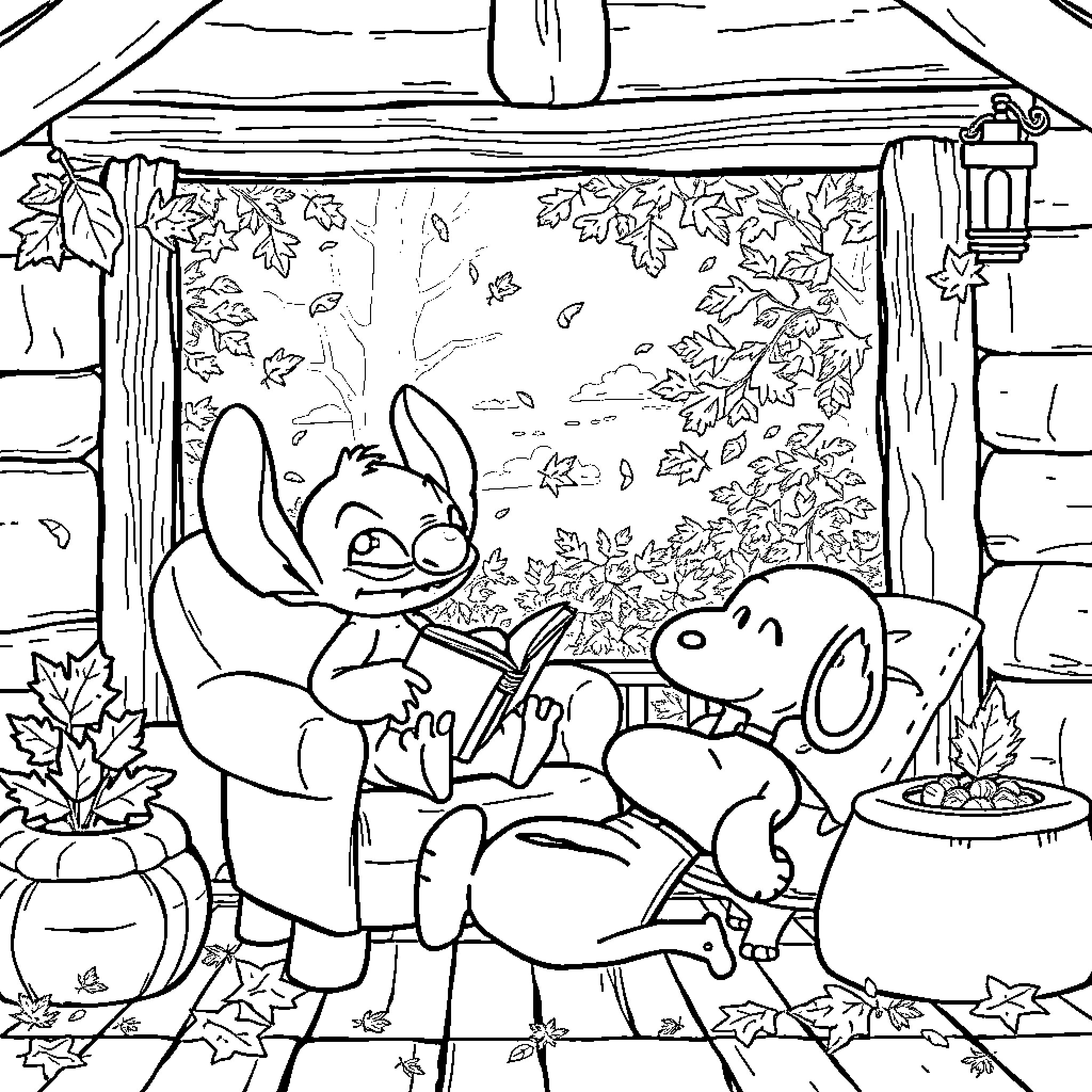 Stitch and Scrump enjoying autumn leaves in the cabin Coloring Page (free black-and-white line drawing printable PDF for all, from beginners to advanced learners, including children, teens, adults, and seniors)