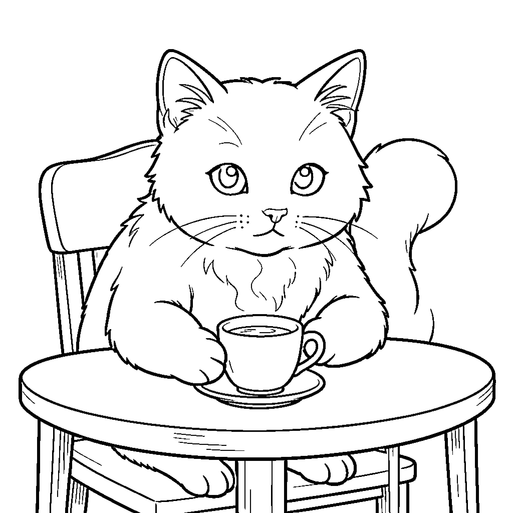 Cat enjoying a cup of tea Coloring Page (free black-and-white line drawing printable PDF for all, from beginners to advanced learners, including children, teens, adults, and seniors)