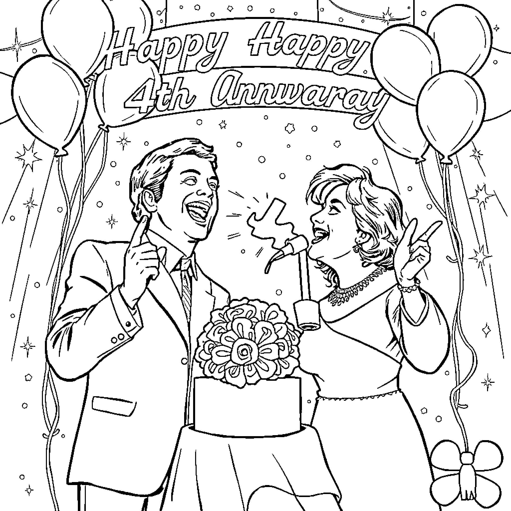 Bee Gees celebrating 4th anniversary joyously Coloring Page (free black-and-white line drawing printable PDF for all, from beginners to advanced learners, including children, teens, adults, and seniors)