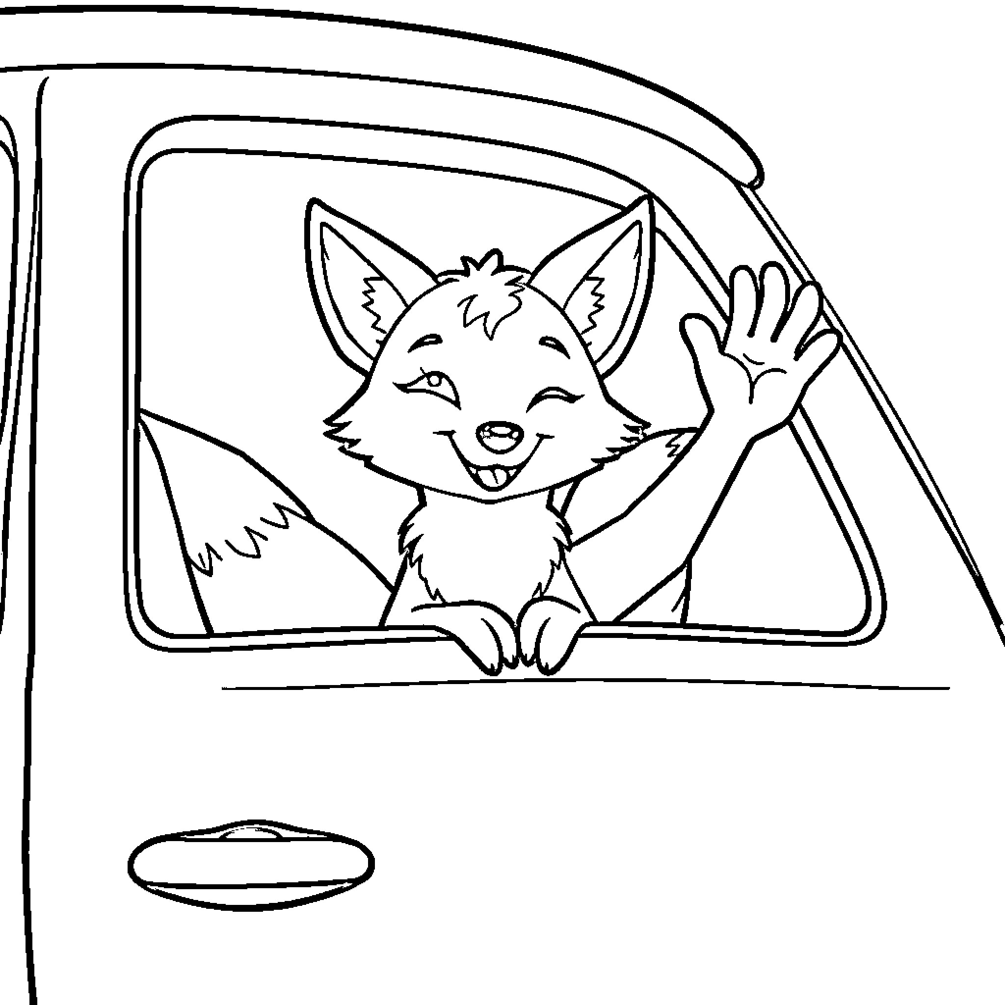 Fox happily waving from car window Coloring Page (free black-and-white line drawing printable PDF for all, from beginners to advanced learners, including children, teens, adults, and seniors)
