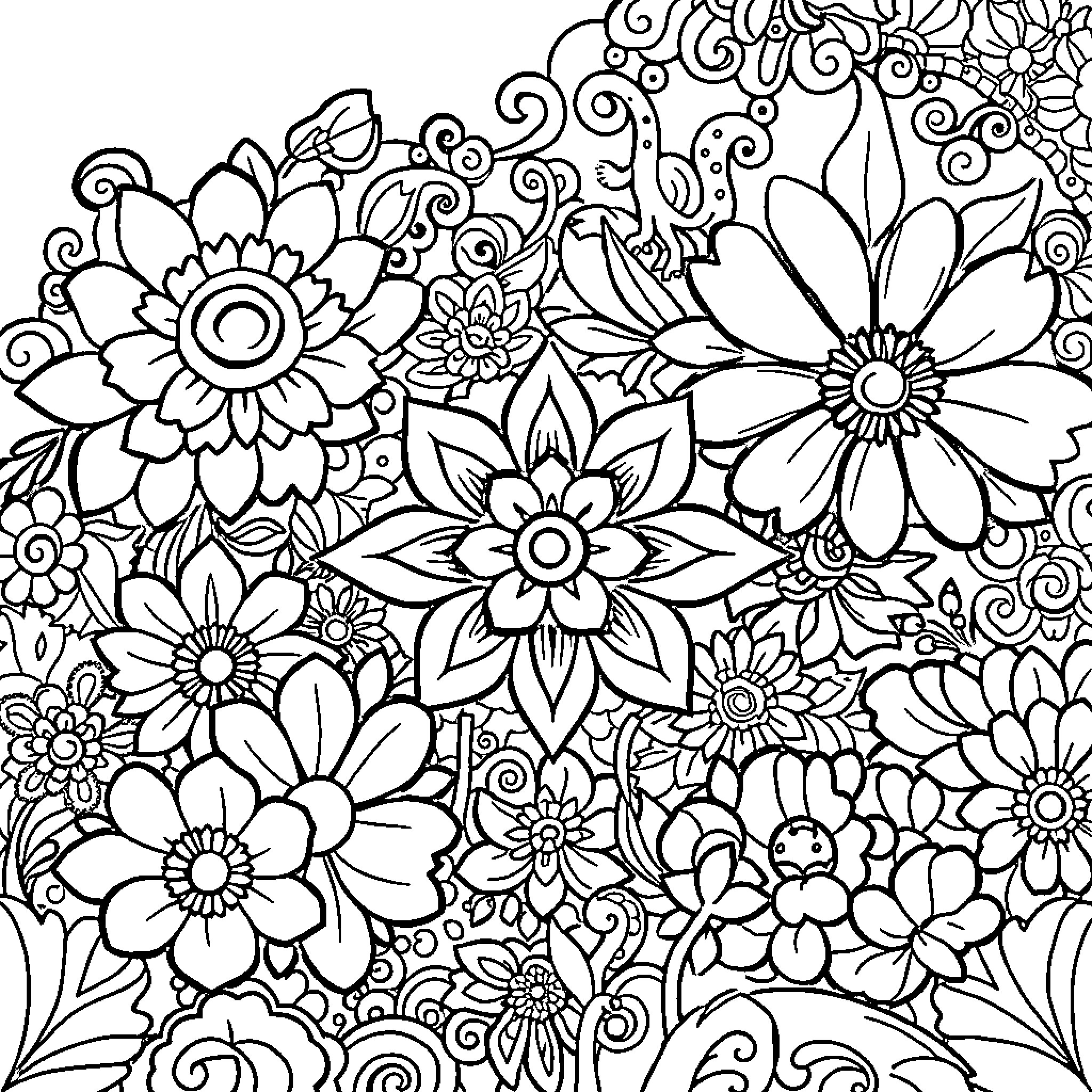 Intricate Floral Patterns and Designs Coloring Page (free black-and-white line drawing printable PDF for all, from beginners to advanced learners, including children, teens, adults, and seniors)