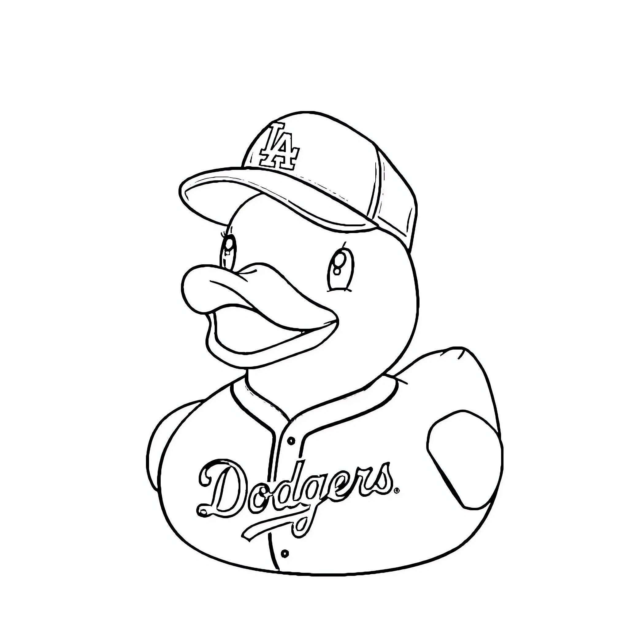 Rubber Duck dressed as a baseball player Coloring Page (free black-and-white line drawing printable PDF for all, from beginners to advanced learners, including children, teens, adults, and seniors)