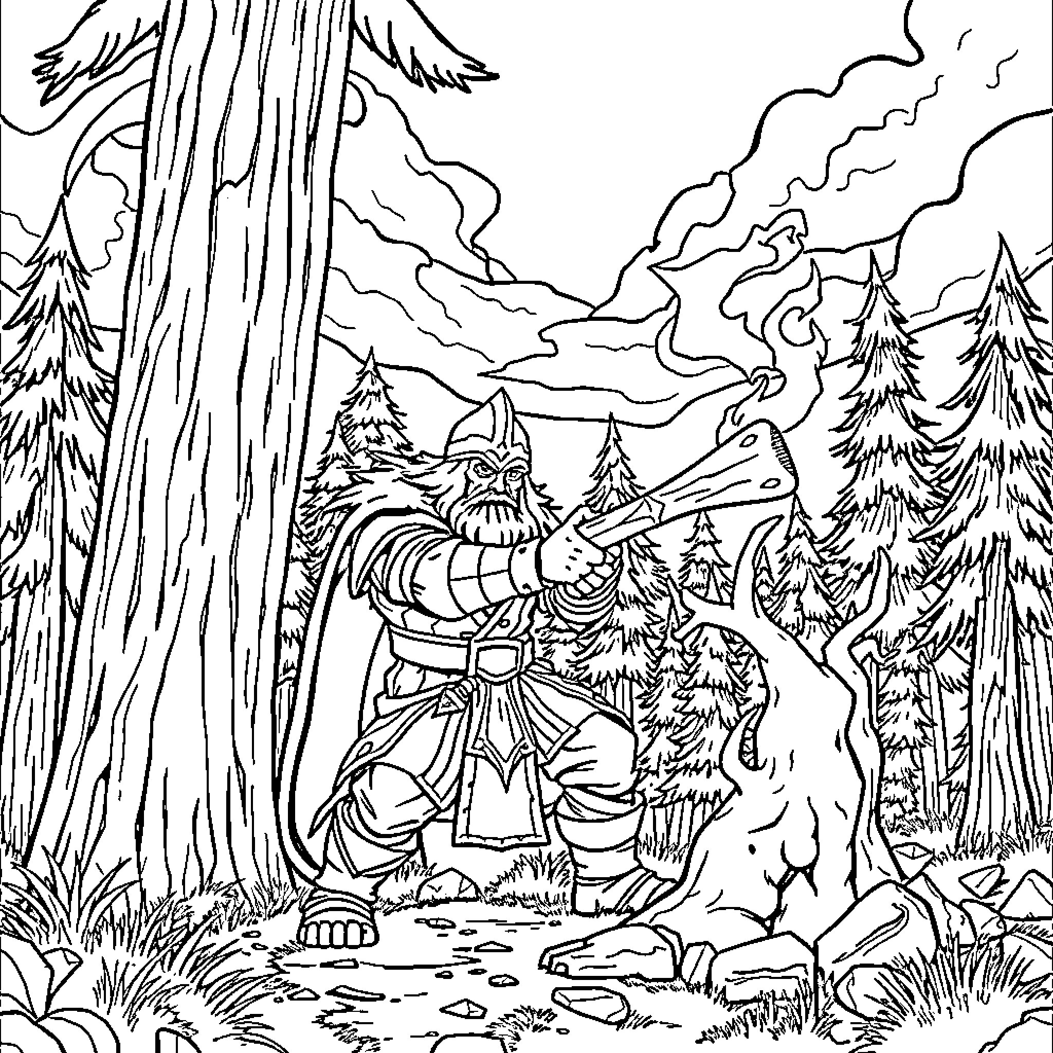 Sauron's Dominion Over the Forest Coloring Page (free black-and-white line drawing printable PDF for all, from beginners to advanced learners, including children, teens, adults, and seniors)