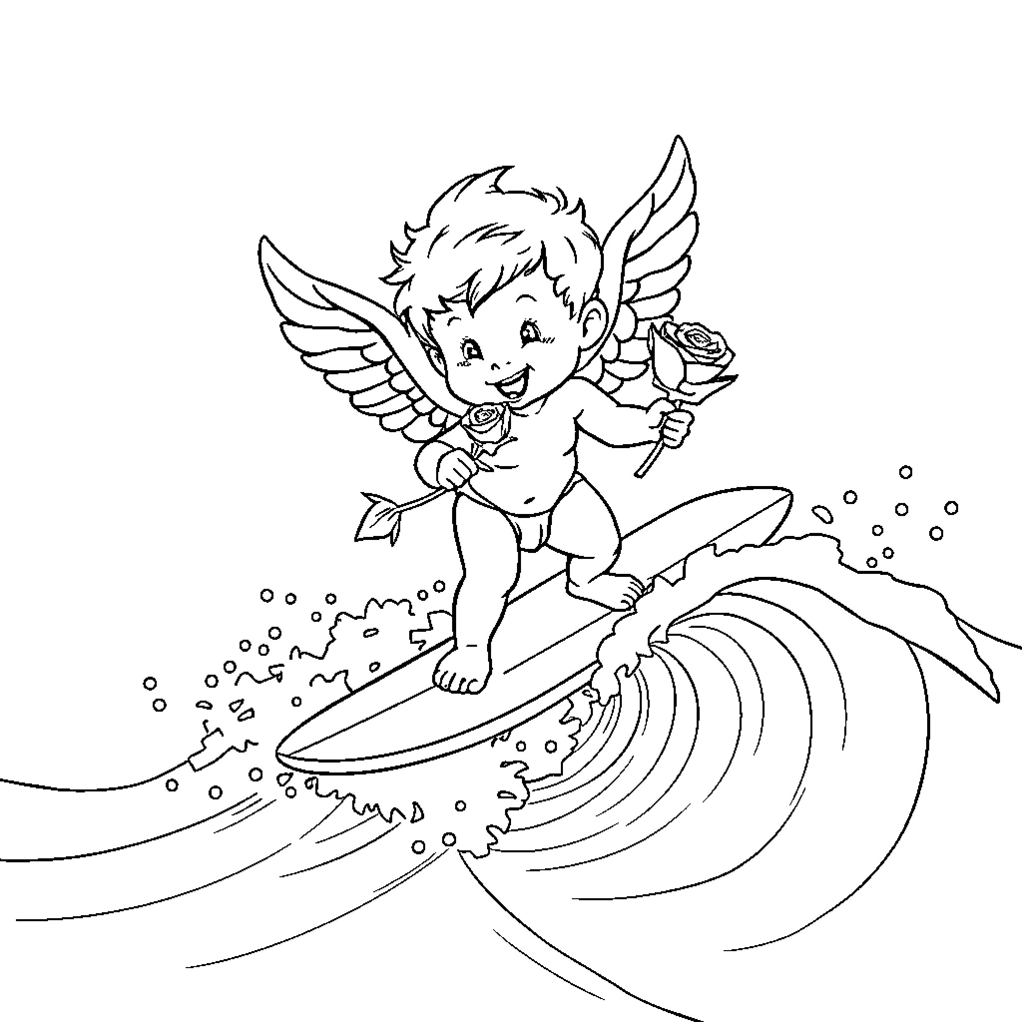 Cupid riding a surfboard amidst ocean waves Coloring Page (free black-and-white line drawing printable PDF for all, from beginners to advanced learners, including children, teens, adults, and seniors)