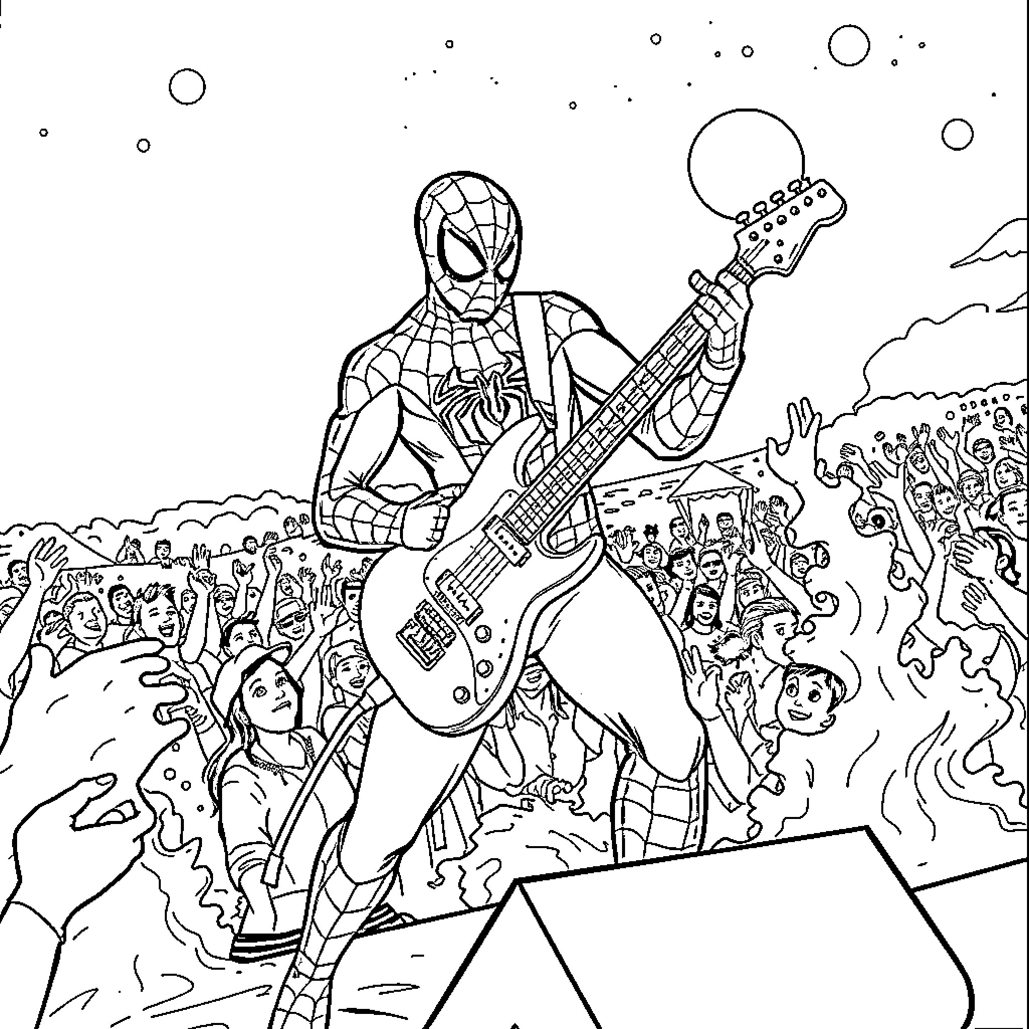 Spiderman rocks out with guitar on stage Coloring Page (free black-and-white line drawing printable PDF for all, from beginners to advanced learners, including children, teens, adults, and seniors)