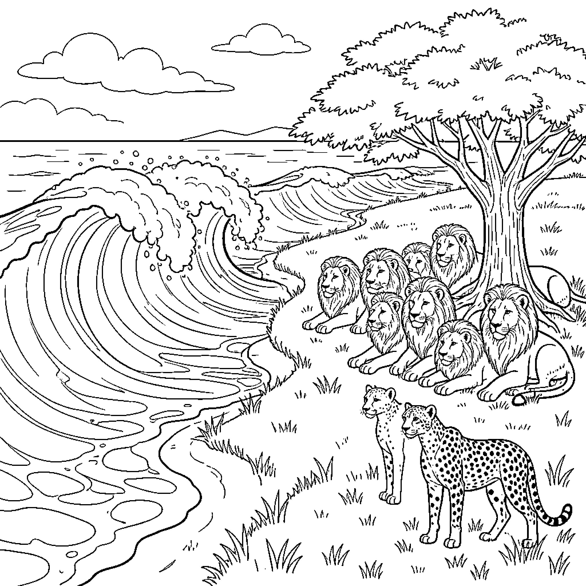 Lion pride observing powerful ocean wave Coloring Page (free black-and-white line drawing printable PDF for all, from beginners to advanced learners, including children, teens, adults, and seniors)